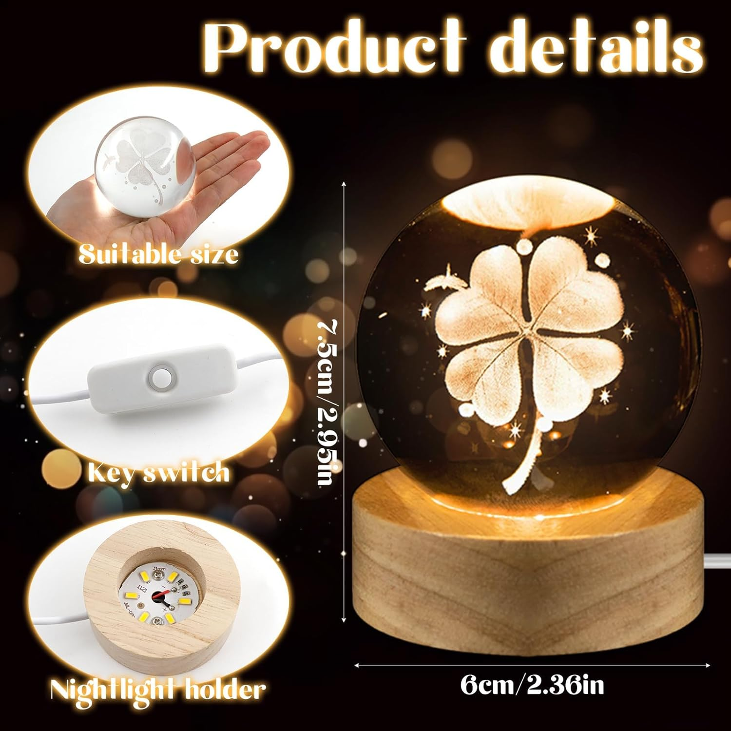 3D Crystal Ball Night Light, 60 Mm Four-Leaf Lucky Charm Clover Crystal Ball, Glass Ball Lamp Decoration with Wooden Base, Christmas Gifts Night Light for Children for Christening, Birthday image number 4