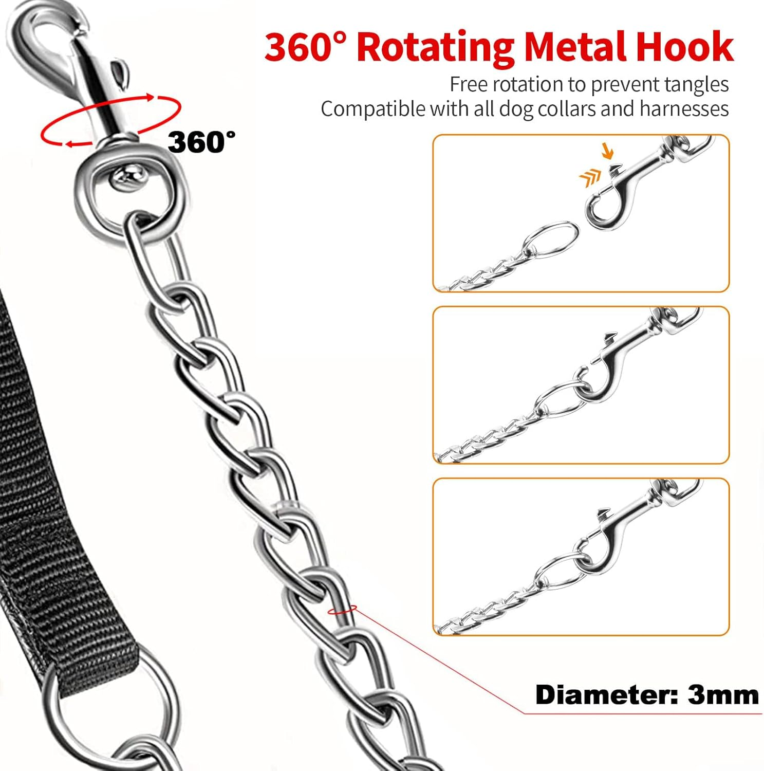 VCCLFSIA Chain Dog Leash, 6FT/1.8M Heavy Duty Metal Dog Leash with Soft Padded Handle, Chew Proof Pet Leash for Large & Medium Size Dogs image number 4