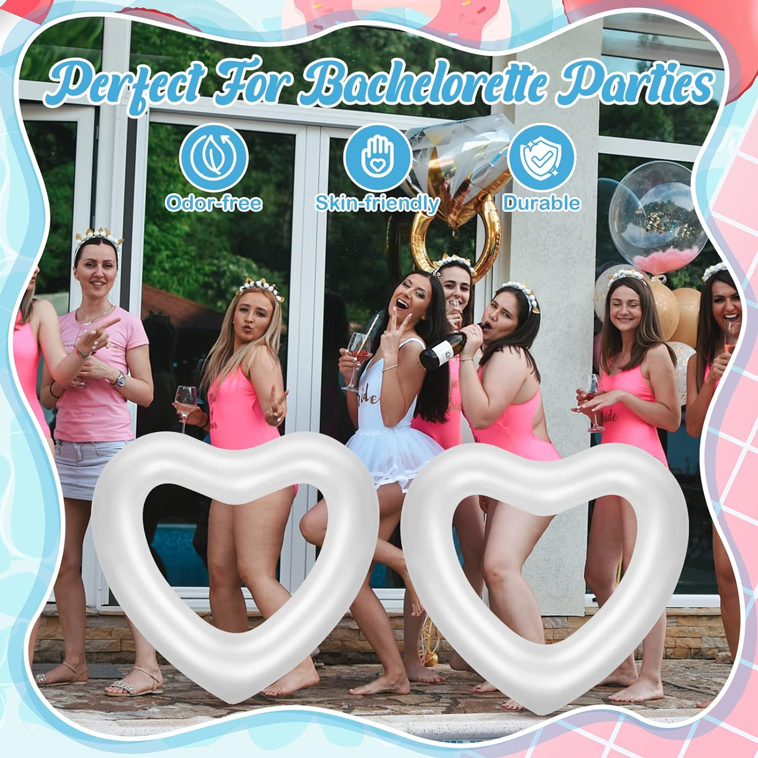 Junkin 47.3 X 39.4 Inch White Heart Pool Float Inflatable Swim Water Ring Float Swimming Pool Float Bachelorette Pool Float Loungers Tube for Engagement, Wedding, Summer Beach Party image number 2