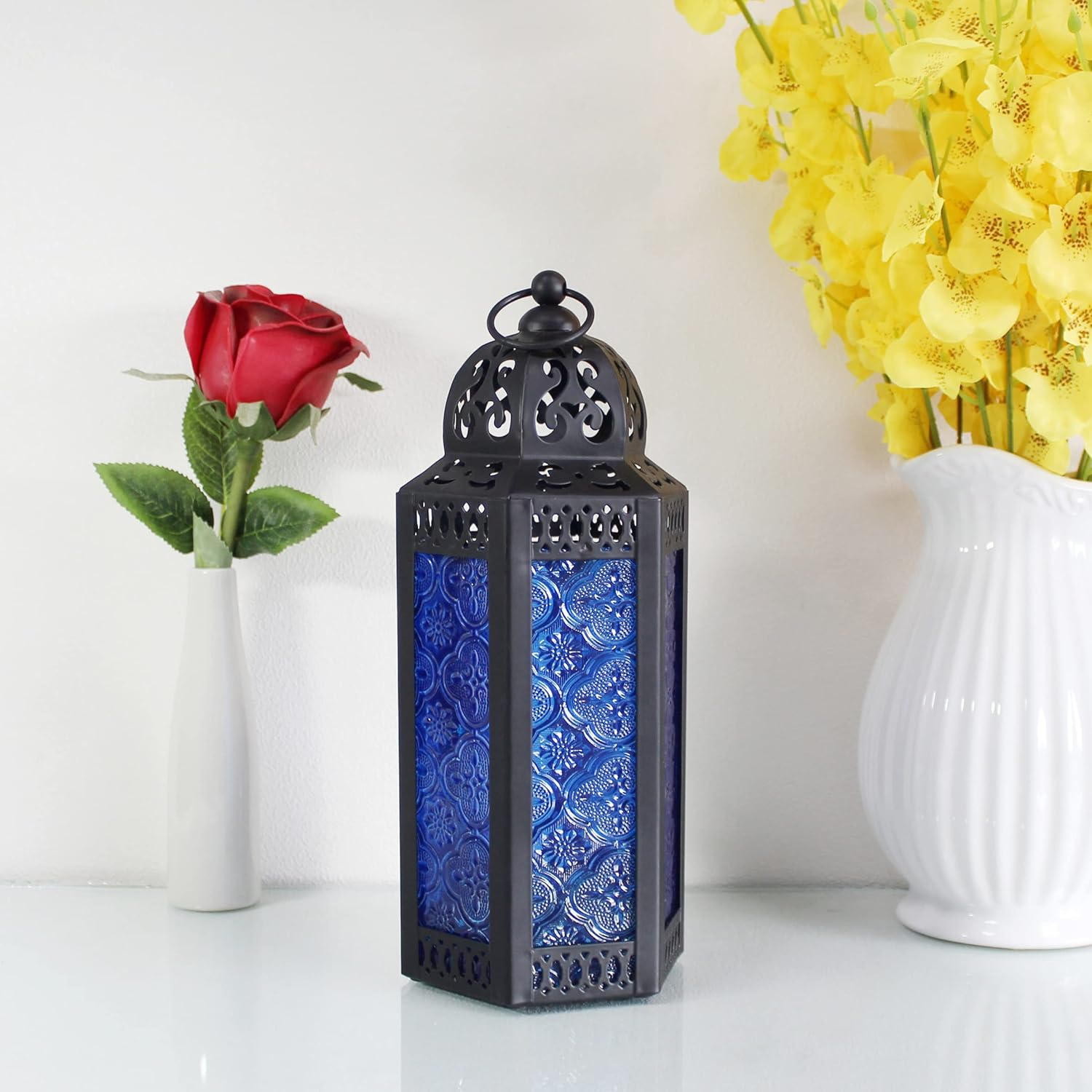 CVHOMEDECO. Decorative Candle Lantern Moroccan Lanterns Vintage Black Metal Lantern Holder for Home Patio Outdoor Decor. Cobalt Glass, Medium image number 2