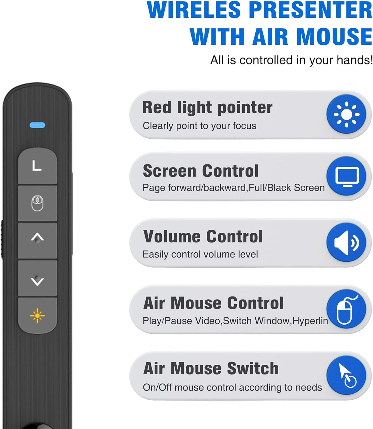 Wireless Presenter Remote with Air Mouse Control, Rechargeable USB Presentation Clicker PPT Pointer RF 2.4GZ Powerpoint Clicker Slide Advancer for Computer Laptop Mac, Red Light - Black image number 4