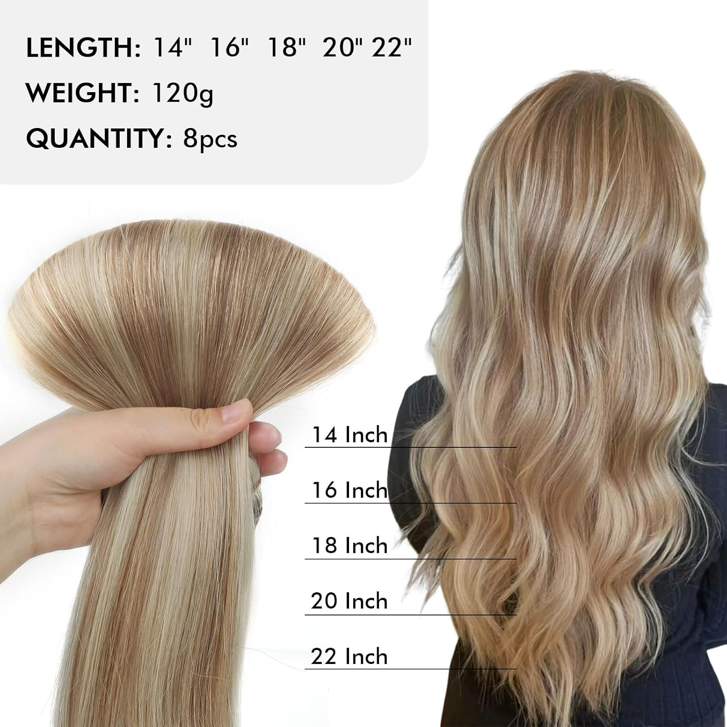 Sixstarhair Clip in Hair Extensions Real Human Hair Blonde Highlights Clip in Extensions Dark Blonde Mix Light Blonde Hair Extensions Human Hair 16 Inch 120G 8 Pcs image number 1
