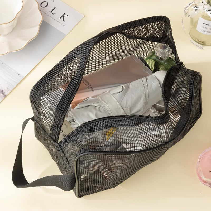 Black Mesh Shower Caddy Toiletry Bag, Portable Zippered Shower Bag with Handle for Bathroom & Dorm Room - Black image number 5