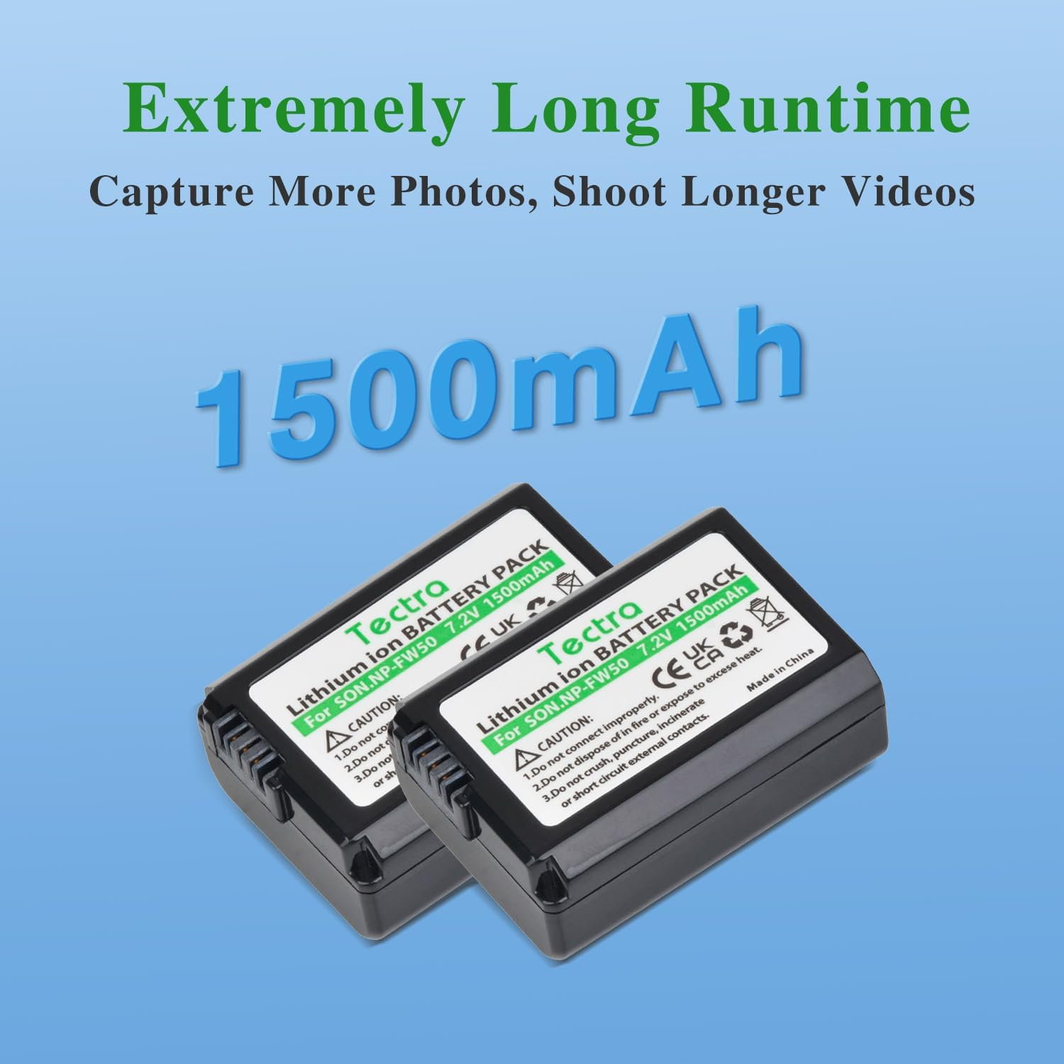 Tectra 2-Pack NP-FW50 Battery and LED Dual Charger for Sony ZV-E10, Alpha A6000, A6300, A6400, A6500, A5000, A5100, A7, A7II, A7RII, A7SII, A7S, A7S2, A7R, A7R2, A55, RX10 II III Camera