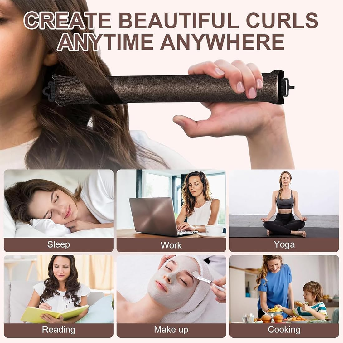 KIRZAX Heatless Curls Band, Pack of 4 Overnight Overnight Blowout, Heat Free, DIY Overnight Curls Rubber, Curls Overnight with Hooks, for Medium Long Hair (Brown) image number 5