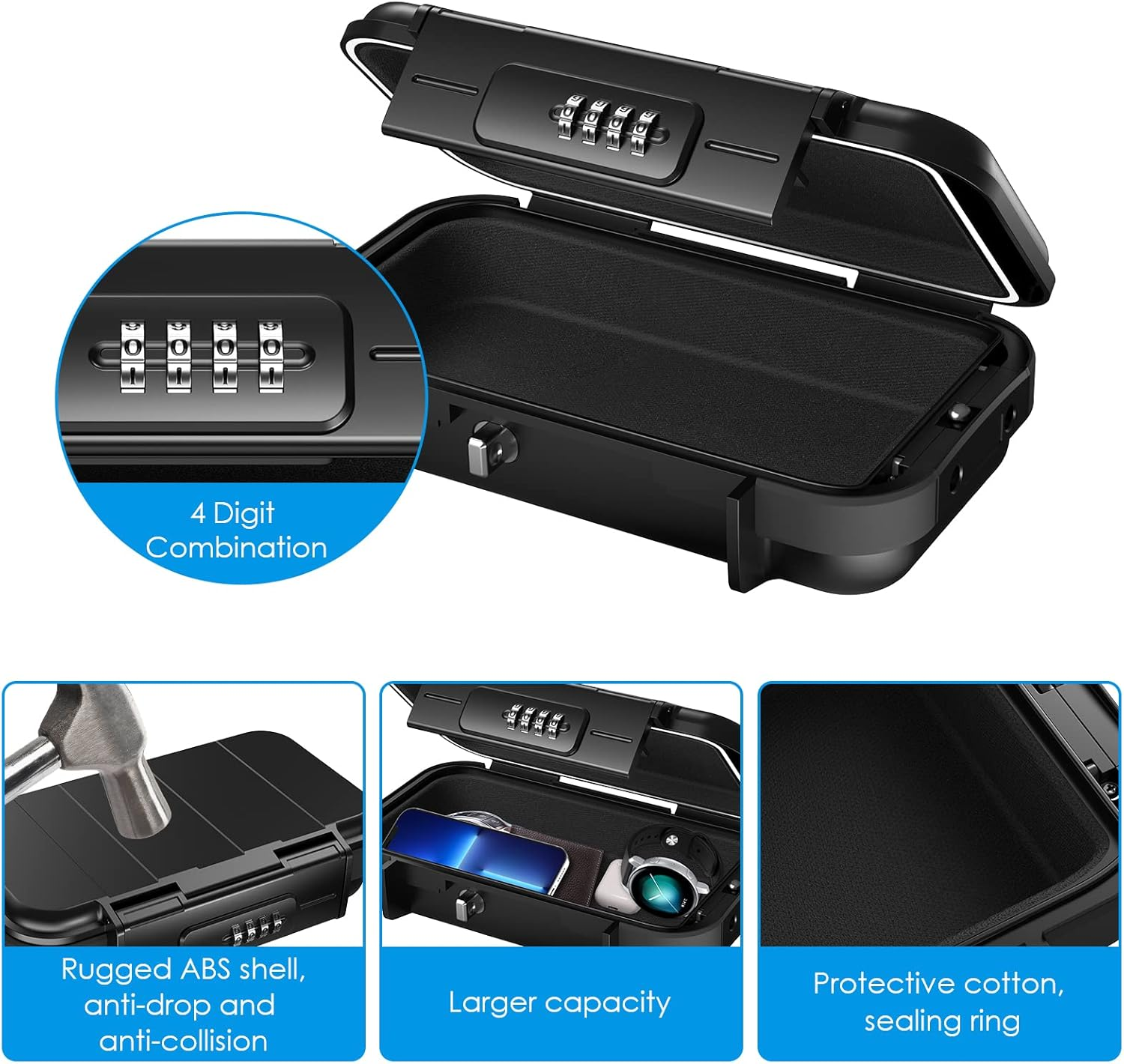 【New Version】Amir Portable Safe Box, Combination Security Case Lockbox with Code, Waterproof Anti-Theft Mini Travel Safe Box with Removable Chain, Security Box for Home,Office - Black image number 4