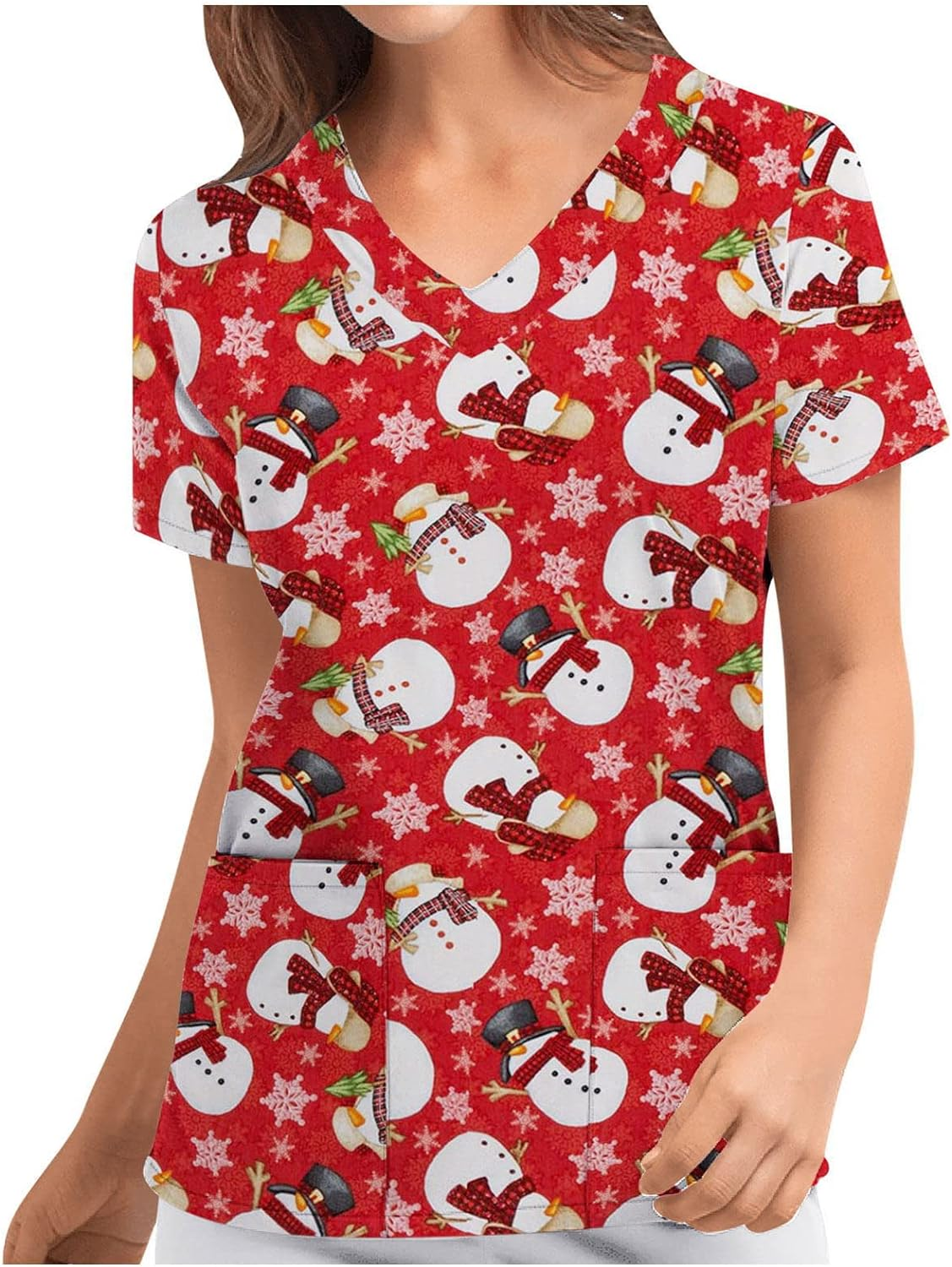 Women'S Christmas V-Neck Short Sleeve Nursing Uniform Xmas Santa Gifts Printed Workwear Holiday Graphic Tees Blouse Scrubs Tops with Pockets image number 4