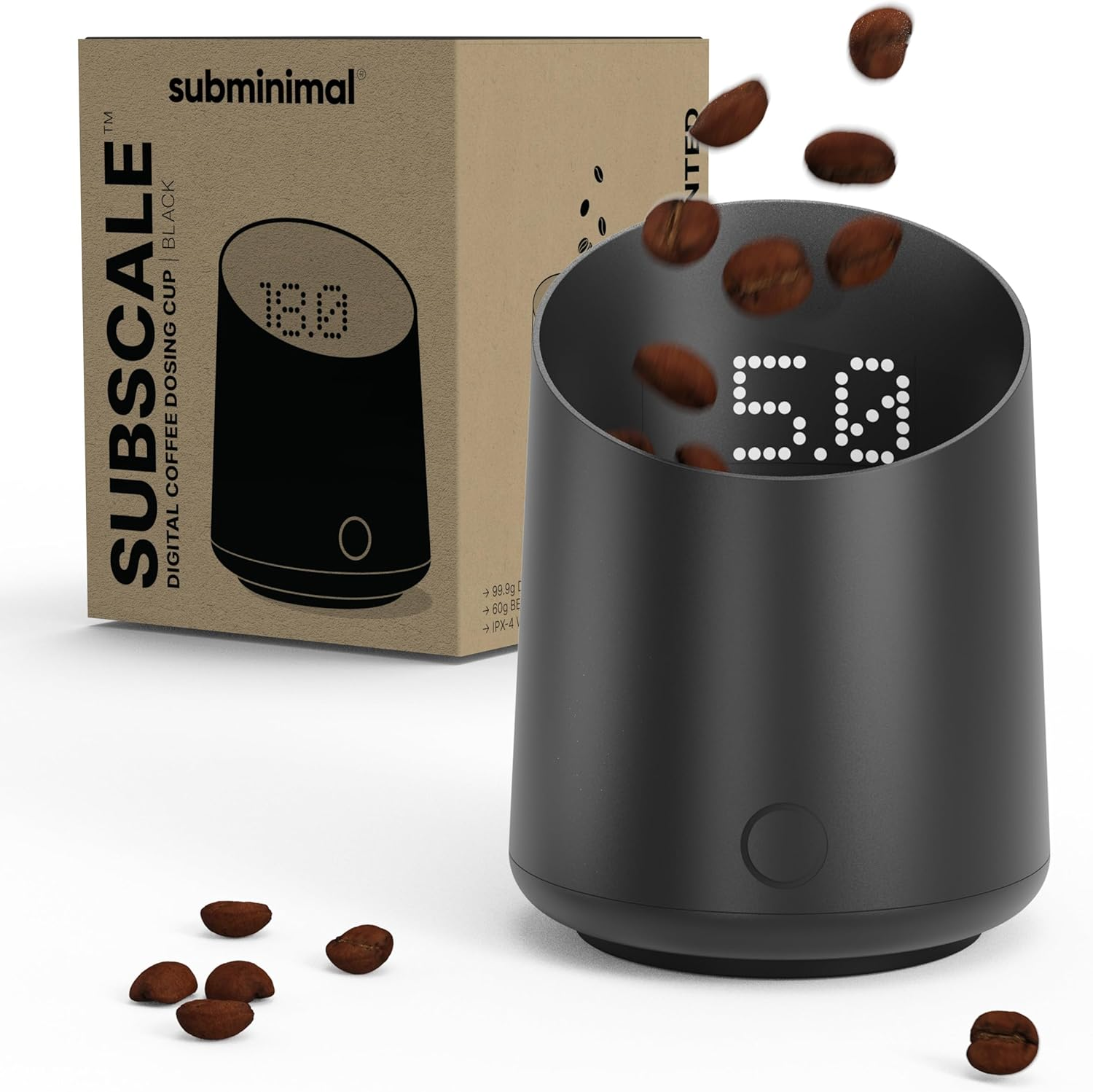 Subminimal Subscale| Digital Coffee Dosing Cup, Invisible LED Display, Touch Activated, Accurate Coffee Beans Weighing Scale in Grams or Oz, USB-C Rechargeable, IPX4 Splash Resistant - Black image number 1