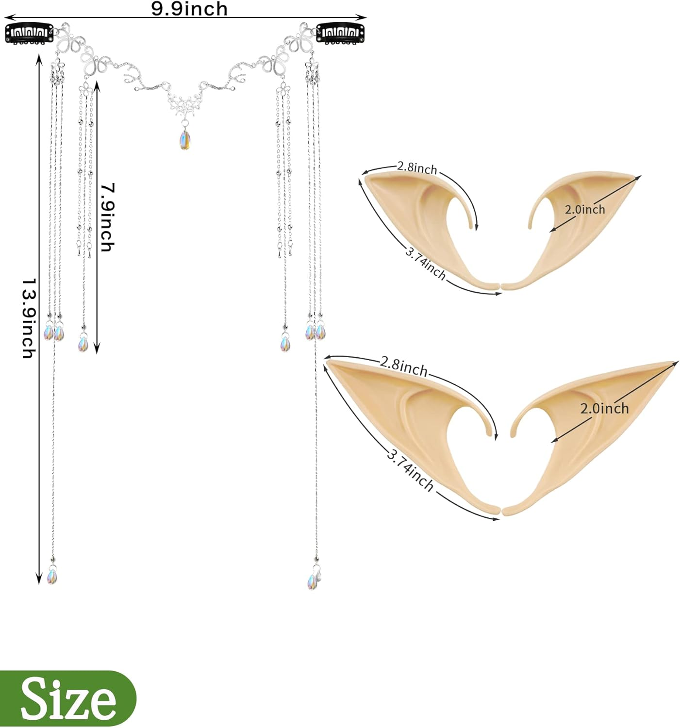 Elf Ears with Headpiece Set-2 Pairs Short and Long Latex Ears and Tassel Headpiece Fairy Chain Kit Fairy Hair Accessories Cosplay Props for Halloween Masquerade, Silver, Medium