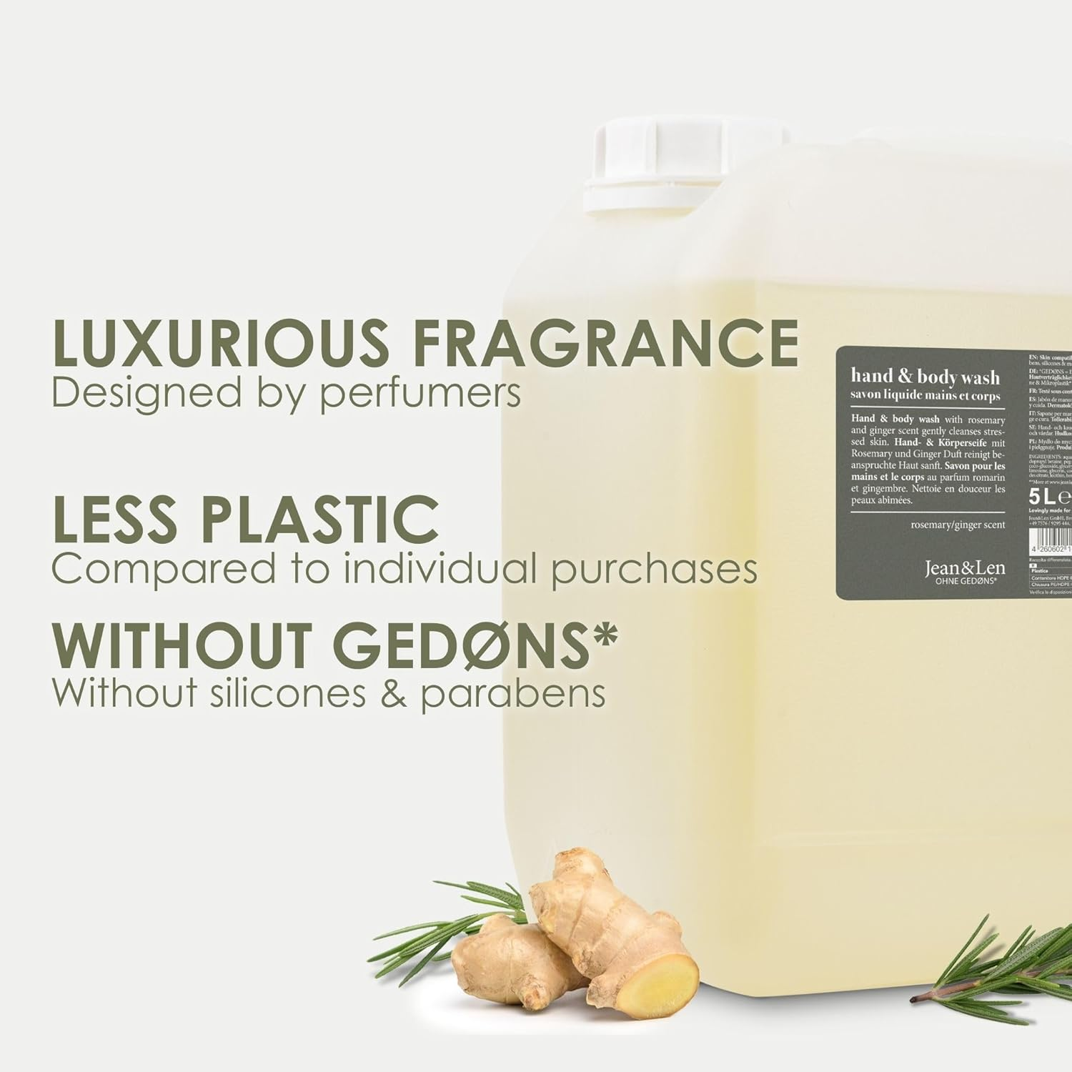 Jean & Len Hand & Body Wash Rosemary and Ginger in Canister, Cleans and Nourishes the Skin, Spicy Fresh Fragrance, Liquid Soap in Refill Canister, Silicone, Parabens & Microplastics, 5 L image number 2
