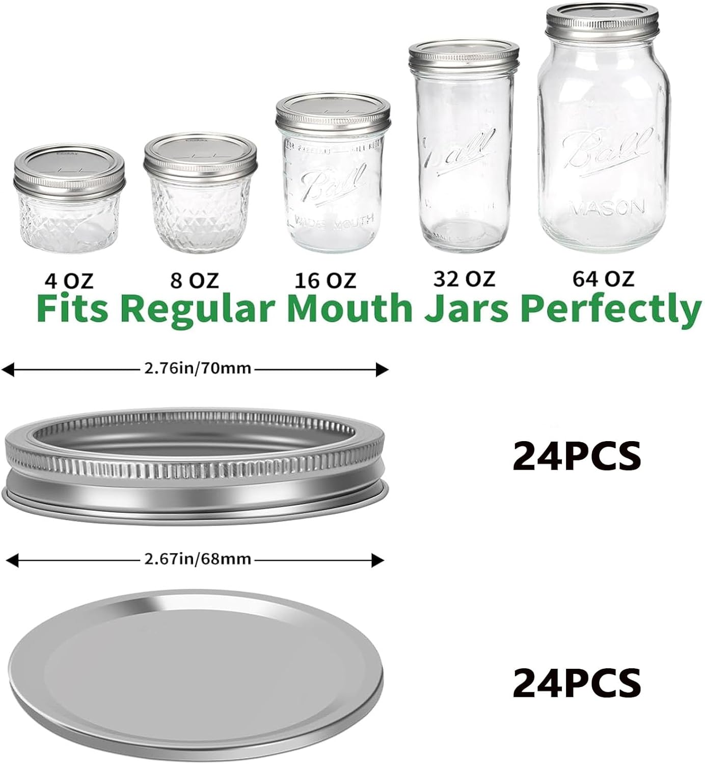 YAKESD 48Pcs/24 Sets Regular Mouth Canning Lids with Rings Fits Ball, 70Mm Regular Mouth Rustproof Screw Bands,Jars Lids with Rings/Bands Mason Jars for Canning Food Fruits