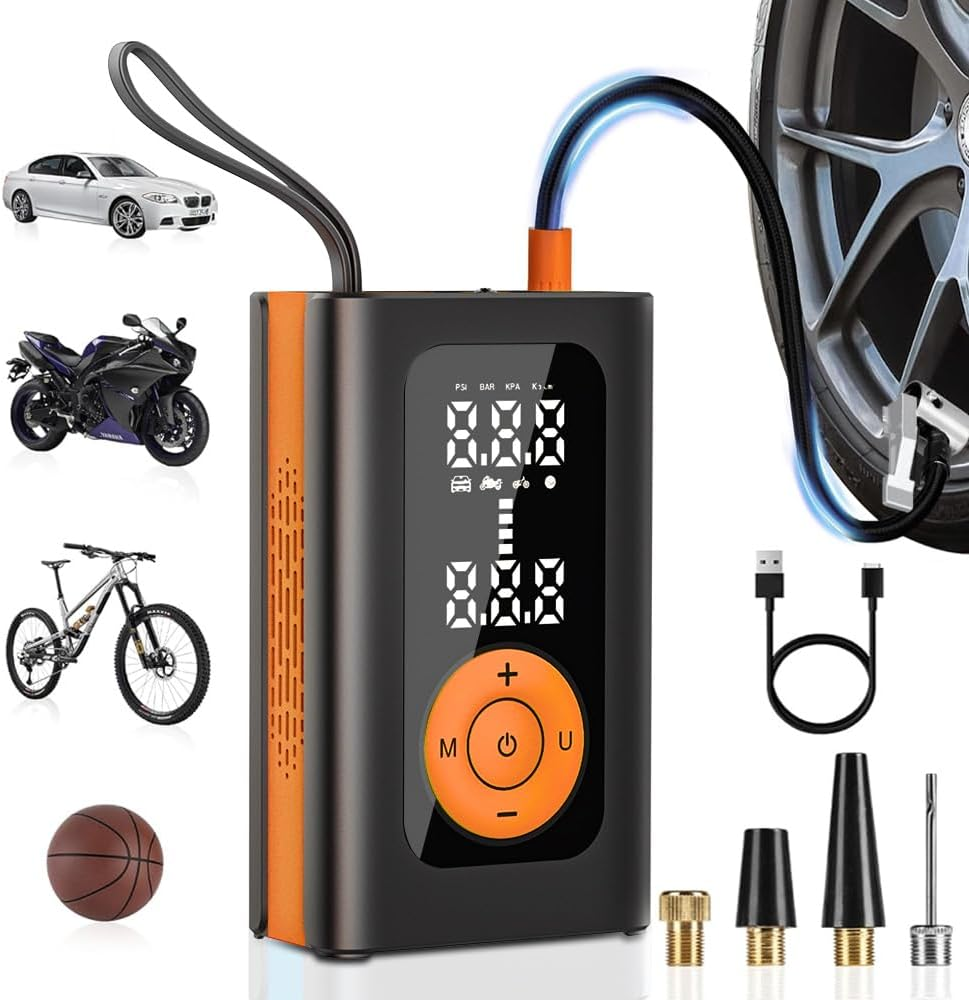 Tyre Inflator Portable Air Compressor,Cordless Air Pump,Led Lighting and Accurate Pressure,1 Min Fast Inflate,Electric Tire Pumpwith LCD Digital Tyre Electric Bike Pump for Car,Bike,Balls,Motorcycle