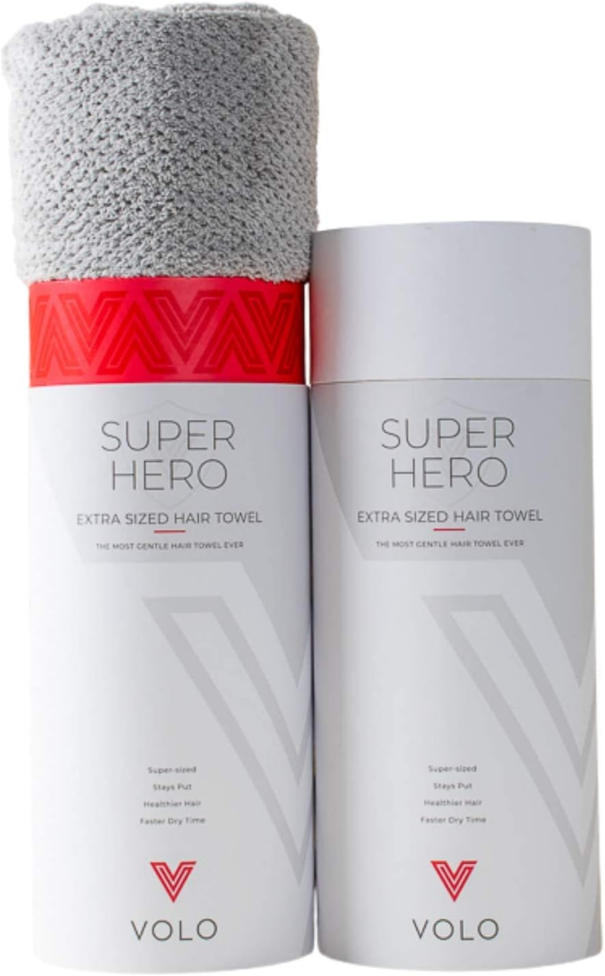 VOLO Super Hero XL Hair Towel | Super Absorbent Quick Dry Nanoweave | Reduces Dry Time by 50% | Large Wrap for All Hair Types (Super Hero Luna Gray - Tube) image number 2