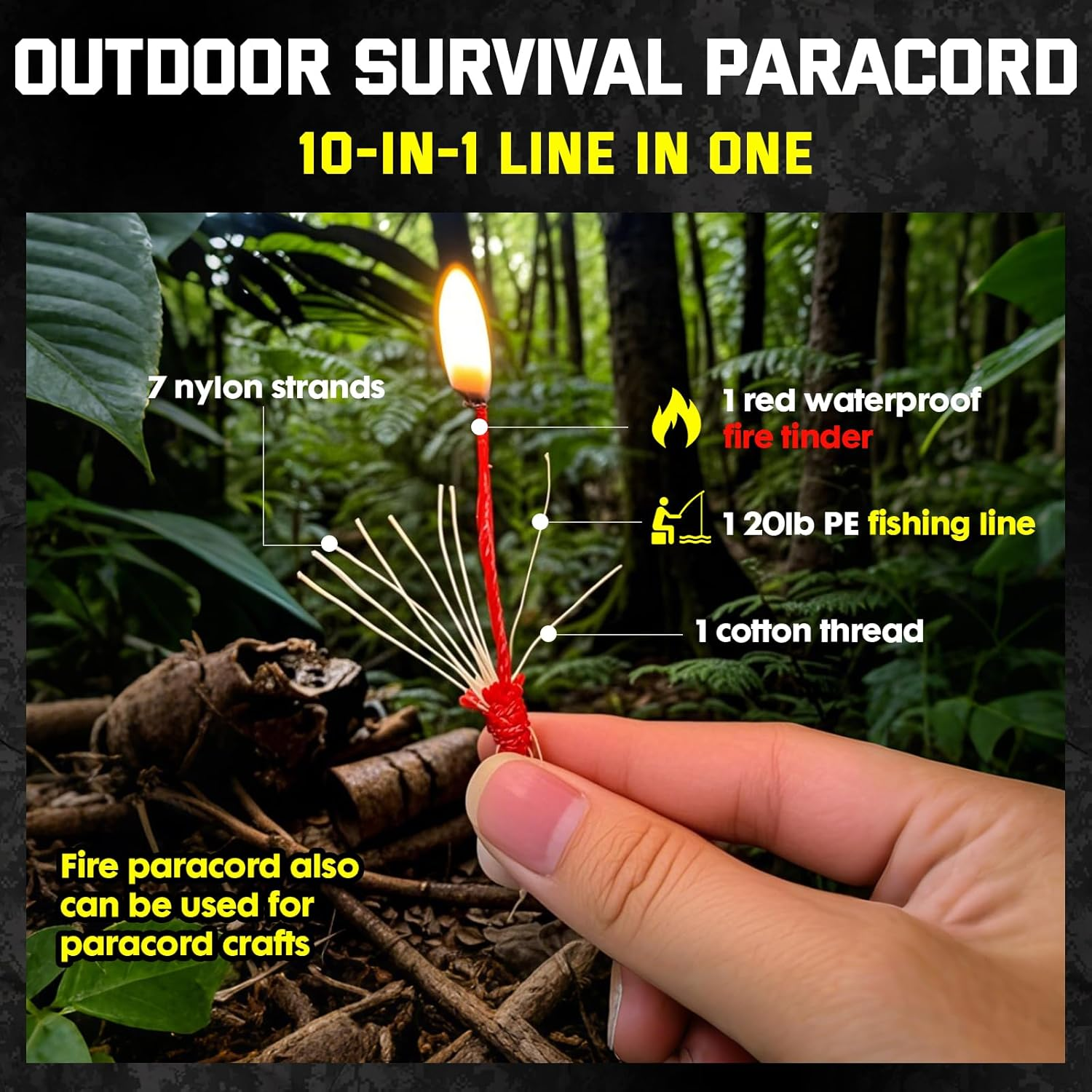 100 Feet 550 Paracord 550 Fire Cord with Fishing Line and Fire Starter Tinder Mil-Spec Type III Paracord 5/32 Diameter 550 Cord Fire Cord 4 in 1 image number 5