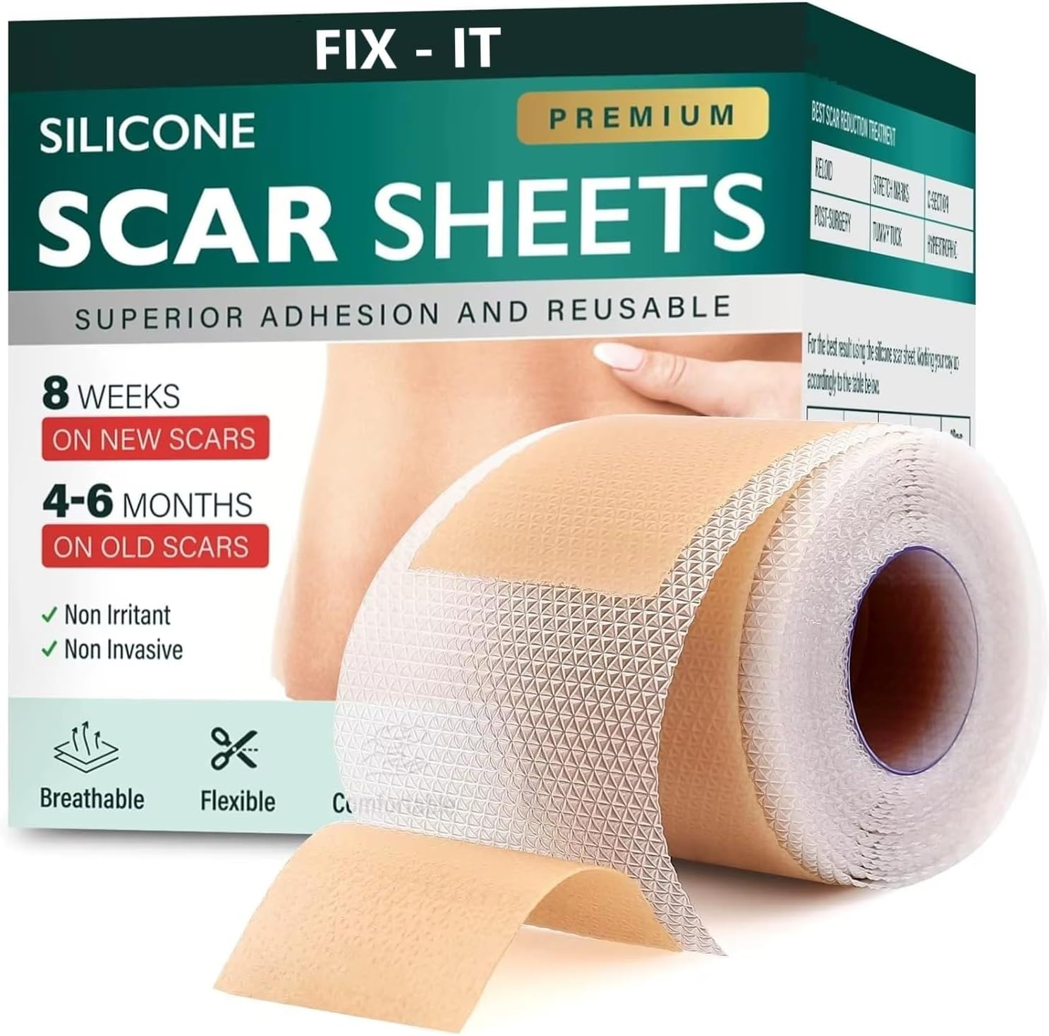 Silicone Scar Tape, Advanced Professional Removal Patch Strips, Reusable Sheets, for Keloid Scars, C Section, Burn, Scratch, Birthmarks, Tummy Tuck, Acne Etc., Works with Old and New Scar (4X150Cm Roll) image number 6