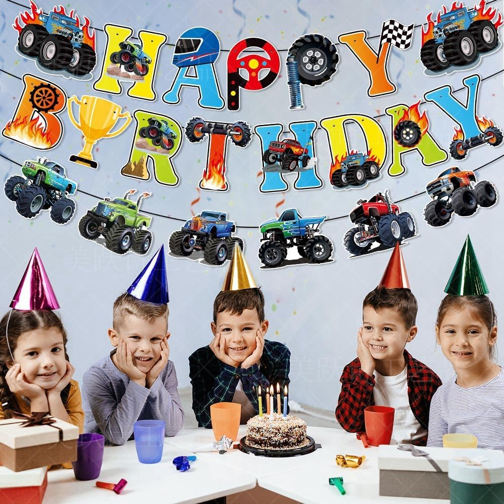 Off-Road Vehicle Birthday Party Decorations Set, Happy Birthday Banner with Hanging Swirls, 11 Pieces image number 5