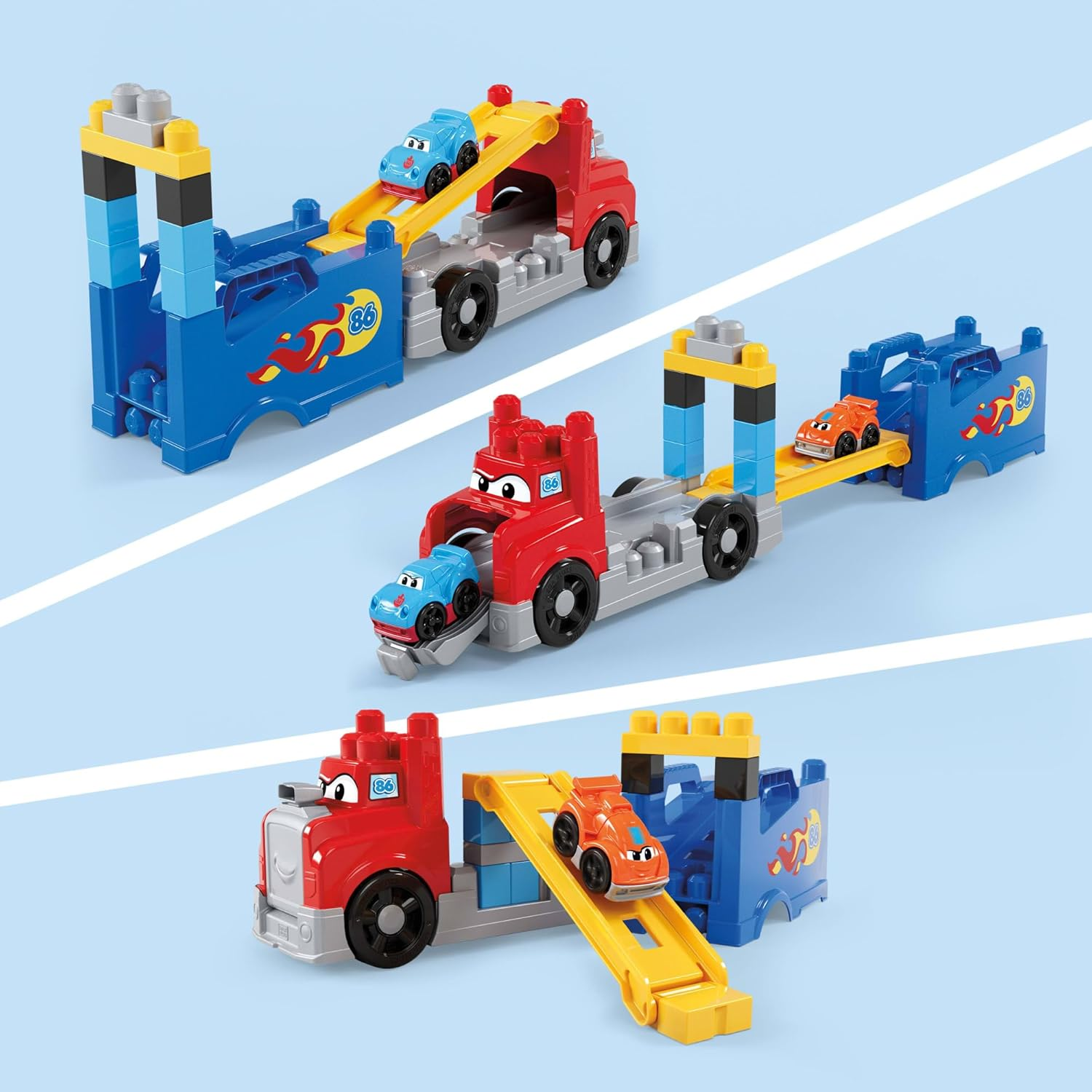 MEGA BLOKS First Builders Toddler Building Blocks Toy Set, Build & Race Rig with 19 Pieces, 2 Race Cars and Storage, Red, Ages 1+ Years image number 3