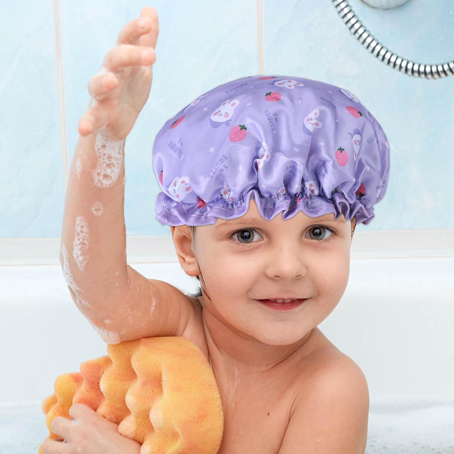 Kids Shower Cap & Shower Cap for Kids 2-Pack, Waterproof Double Layer Rabbit Design with Elastic Band, Reusable Bath Cap for Children - 2 Pieces (Purple + Yellow)