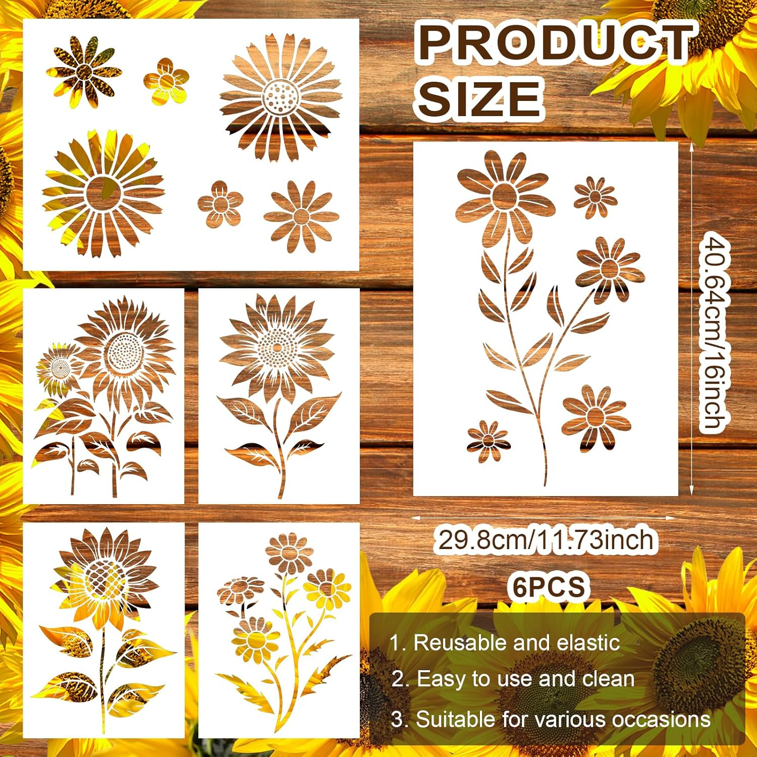 6Pcs Daisy and Sunflower Stencils, 16X11.73 Inch Large Flower Stencil for Painting Reusable Floral Plant Drawing Templates for Crafts Canvas Fence Wall Art Decor image number 3