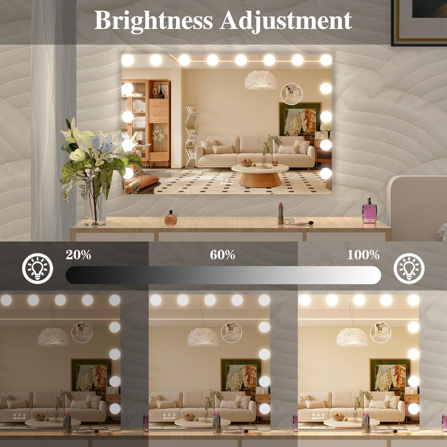 LETSFIELD Hollywood Mirror 91 X 62 Cm, Large Vanity Mirror with 16 Dimmable Lights for Bedroom, Desk Mirror or Wall Mounted Makeup Mirror, Including 10X Magnifying Mirror (Silver) image number 5
