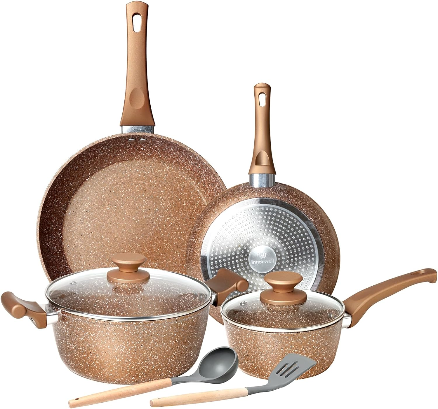 Innerwell Pots and Pans Set, 8 Pieces Non Stick Cookware Set, Gold Granite Stone Nonstick Cookware Set, Induction Kitchen Cookware Sets, Cooking Set W/Frying Pan, Saucepan, Casserole, PFOA&PFAS Free