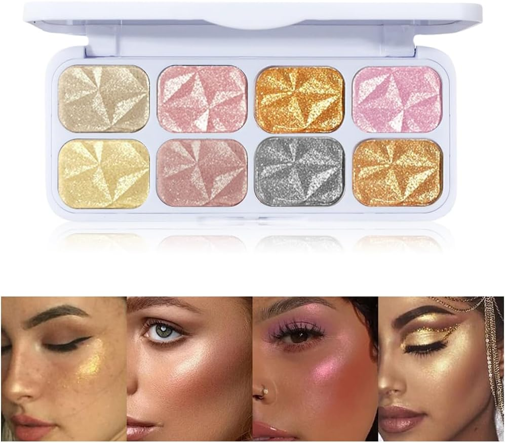 8 Colors Highlight Eyeshadow Palette,Sparkle Highlighter Shiny Eye Shadow Plate Pigmented Glitter Eyeshadow Professional Makeup (Highlighter) image number 6