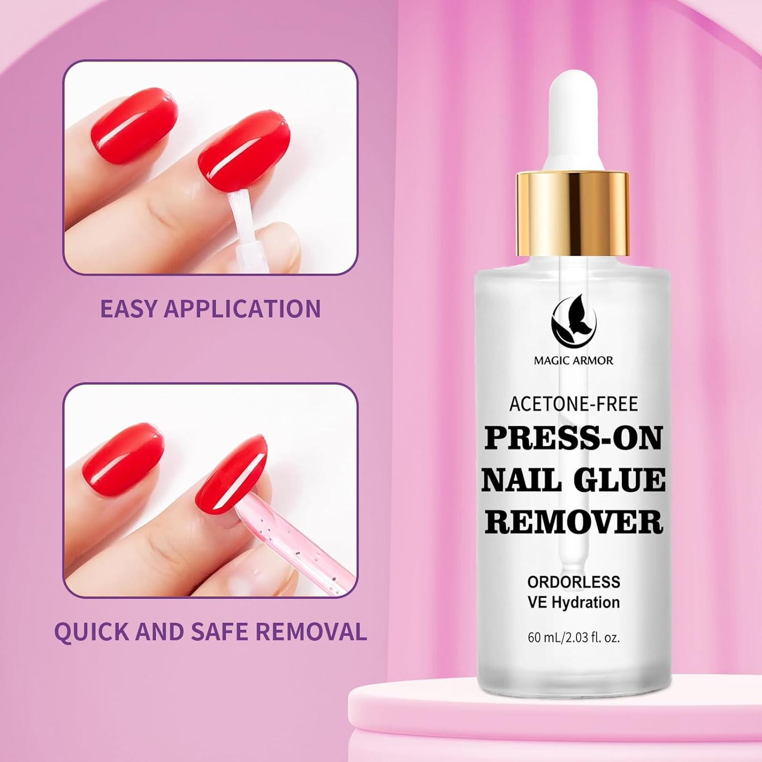 MAGIC ARMOR Press-On Nail Glue Remover 60Ml - Professional Non-Acetone, Gentle & Effective for Fake Nails Tips & Remover Tool for Easy to Use Removal of Nail Tips image number 4