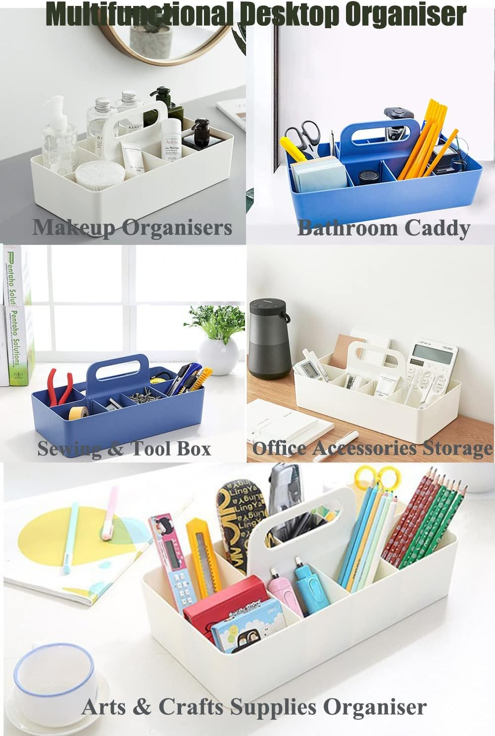 8 Slots Stackable Desk Organiser for Stationery, Arts & Craft Supplies, Portable Plastic Storage Containers Basket with Handle, Adjustable Makeup Organisers Case for Bathroom, Bedroom, & Home Office - Blue image number 4