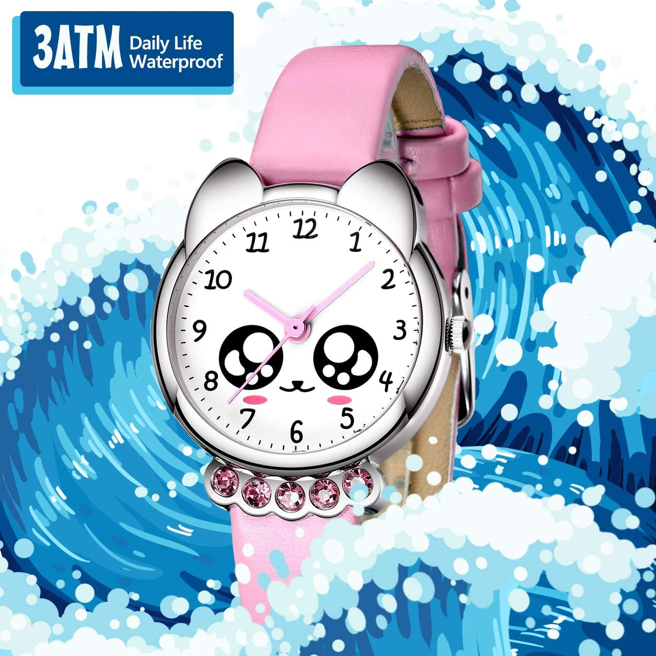 KDM Kids Watch for Girls Boys: Toddler Watches for 3-12 Gifts for Kids Cute Cartoon Wrist Watch Waterproof Leather - Learning Time and Easy to Read Dial