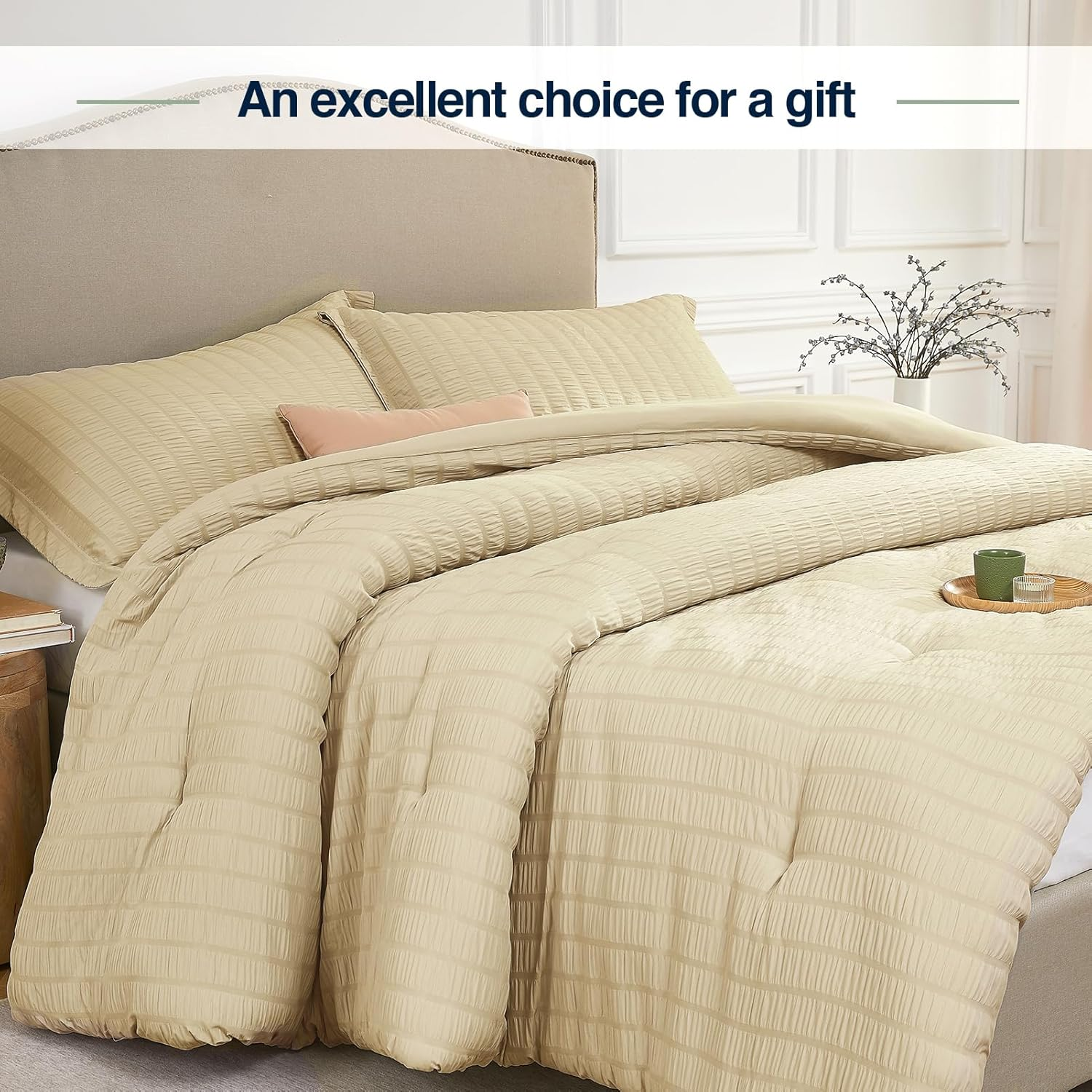 Quataly King Comforter Set Linen,3Pcs Seersucker Lightweight Bedding Comforter for All Season, King Size(104''&times;90'' Comforter & 2 Pillowcases)