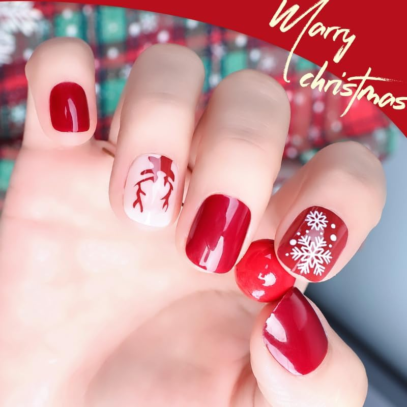 Yazikisa Christmas Press on Nails Short Square Fake Nail Snowflake Xmas Elk Winter Red Glue on Full Cover Glossy Acrylic False Fingernails for Women Girls New Years 24 Pcs image number 2