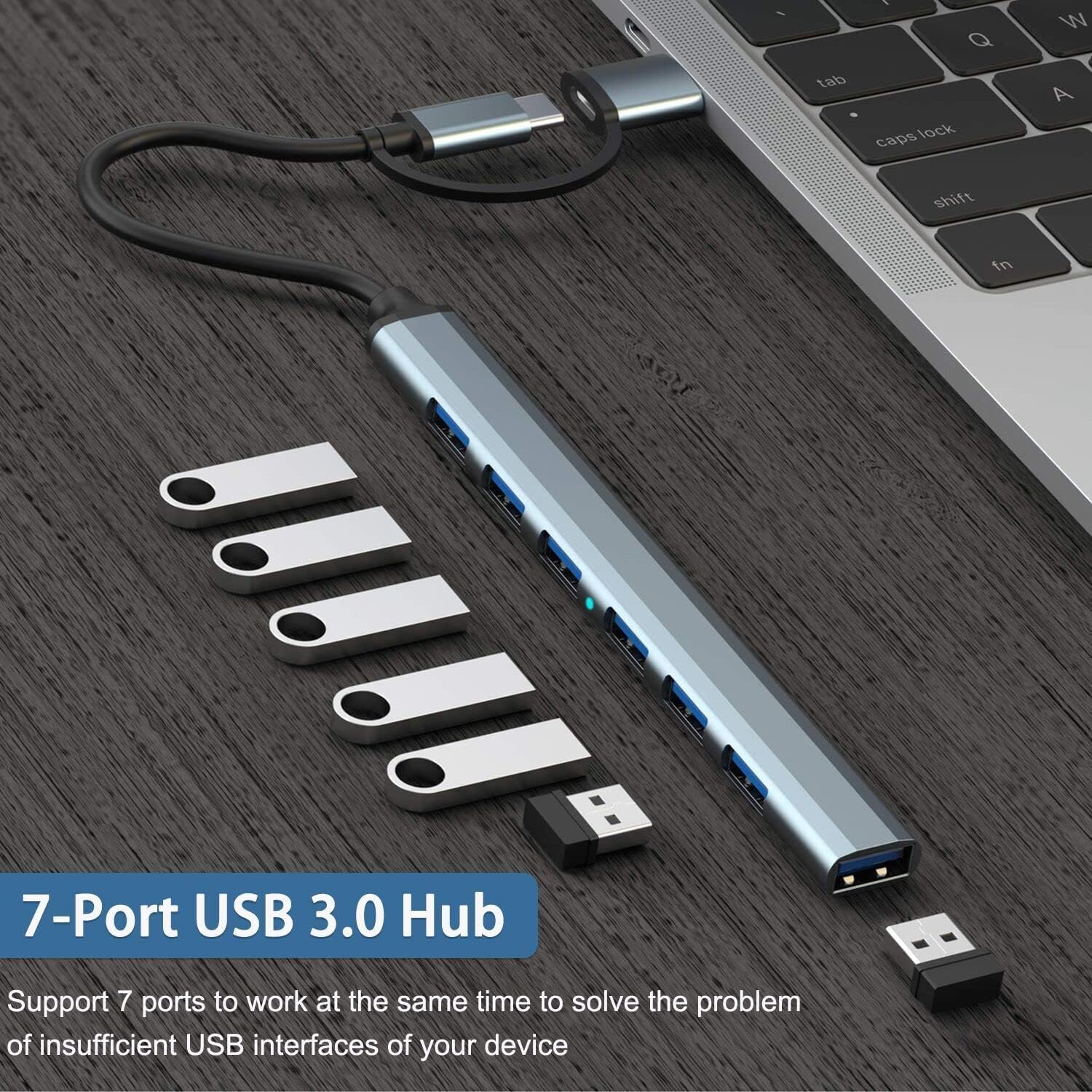 USB Hub 3.0 7 Ports 2 in 1 Aluminium USB 3.0 +6 USB 2.0 Hub USB Splitter USB Extender for Laptop, PC, Macbook, Mac Pro, Mac Mini, Imac, Surface Pro (Gray-7 in 1) image number 5