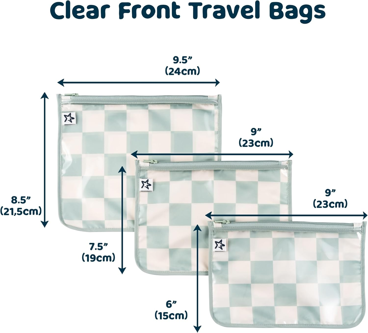 Tiny Twinkle Mess-Proof Travel Bags, Airline Compliant, Zipper Closure, Clear Front Pouch, Diaper Bag Packing, Toiletry or Cosmetics Organizer 3 Pack Set (Sage Checkers) - Sage Checkers image number 3