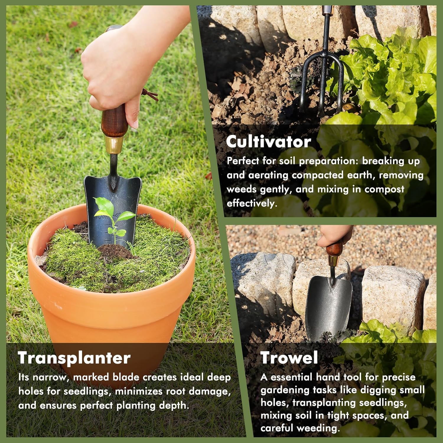 RESTMO 3-Pieces Gardening Tool Set (Trowel, Transplanter & Cultivator), 50 Carbon Steel & Ergonomic Wooden Handles, Gardening Trowels, Complete Garden Gift Set for Digging, Planting & Soil Aeration image number 4