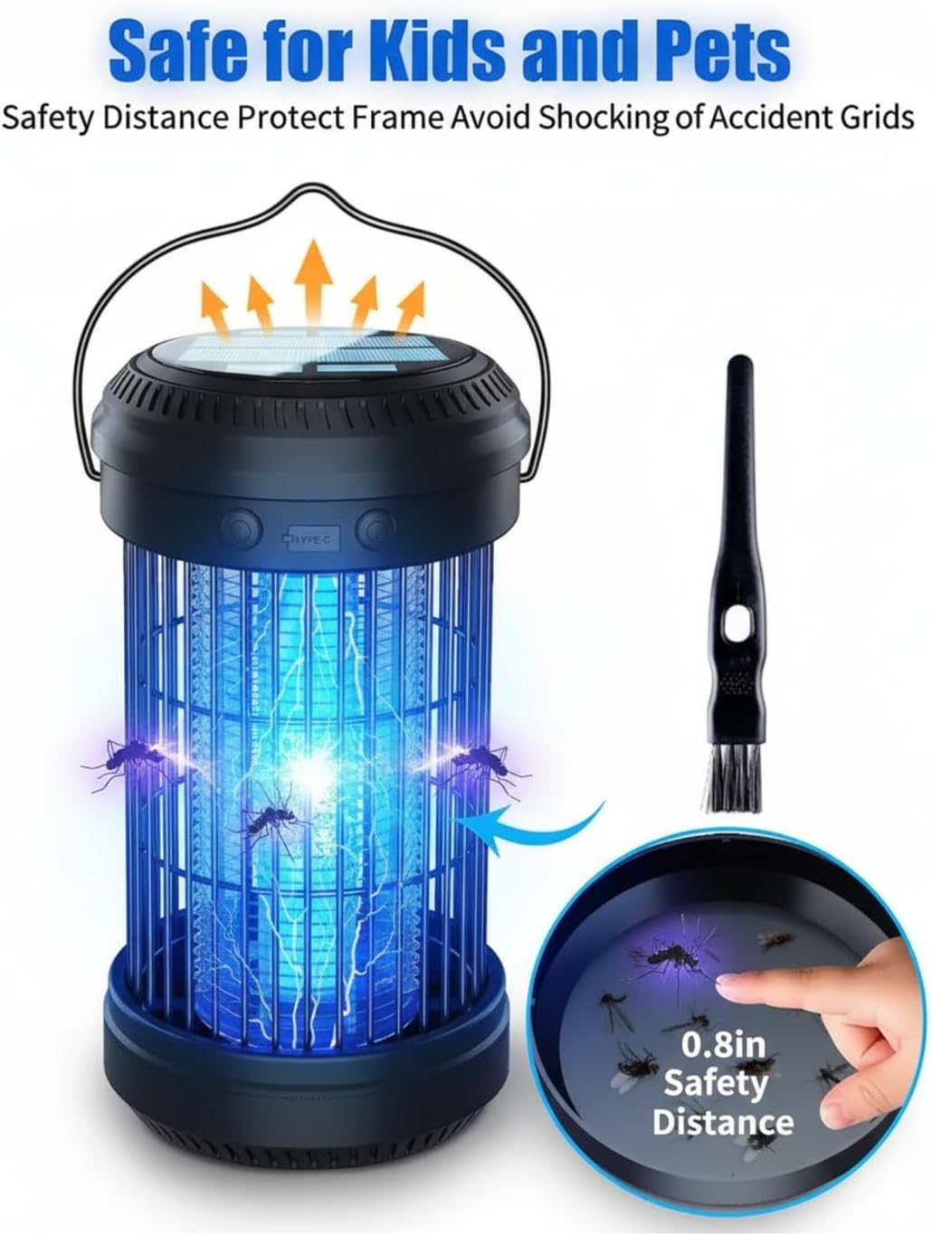 Bug Zapper &ndash; Solar & USB Rechargeable Insect Killer Lamp | 5W UV Light Bulb with 4200V High Voltage Grid for Flies & Mosquitoes | Black | Portable, Eco-Friendly & Powerful Pest Control. image number 5