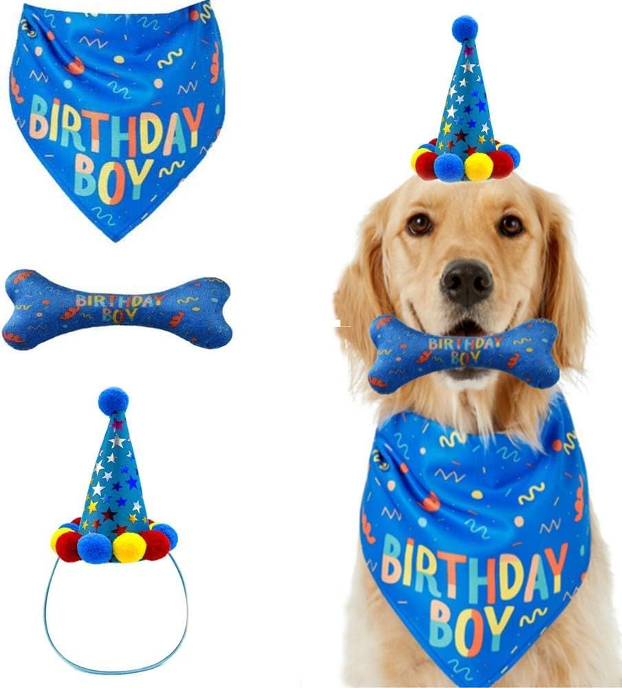 Dog Birthday Boy Hat Toy Set Pet Happy Birthday Party Supplies Triangle Bibs with Cute Bone Dog Birthday Scarf Accessories and Decoration for Doggy Large Dog (Blue, One Size) image number 2
