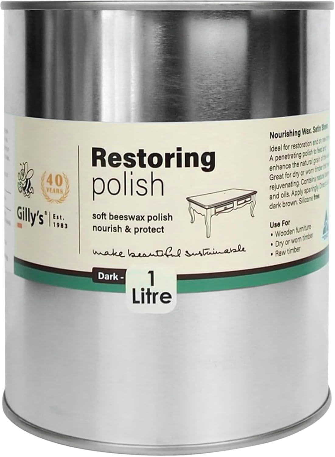 Gilly'S Restoring Polish Dark 1 Litre - Beeswax Wood Polish & Leather Conditioner | Starter Wax for New or Stripped Timber | Enhances Grain, Feeds Timber and Adds Sheen image number 4