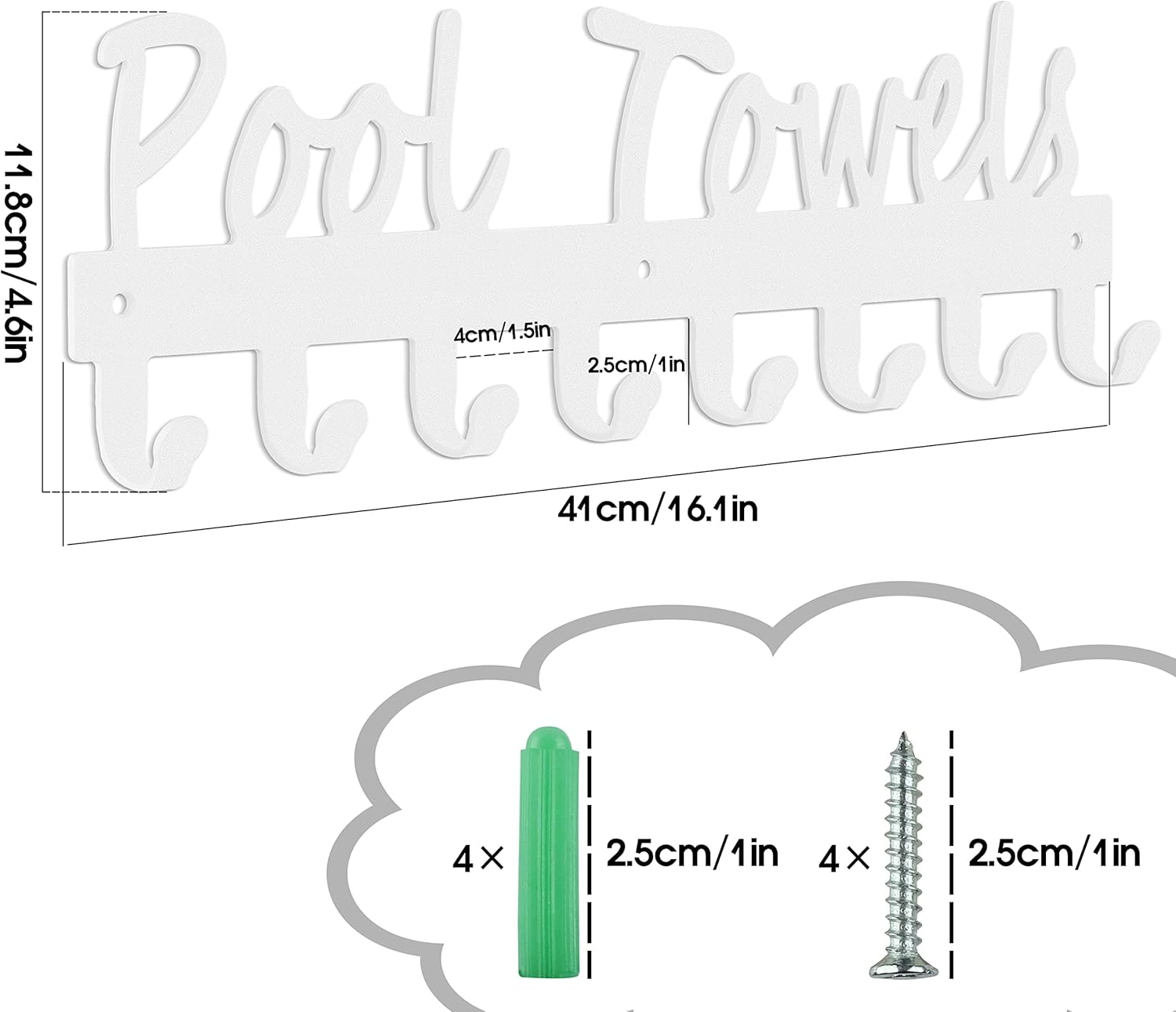 Pool Towel Hooks for Bathroom Wall Mount Towel Rack Towel Holder Carbon Steel Hanger Organizer Indoor Outdoor for Robe, Towel, Coat, Swimsuit, Umbrella, Bag, Keys, White