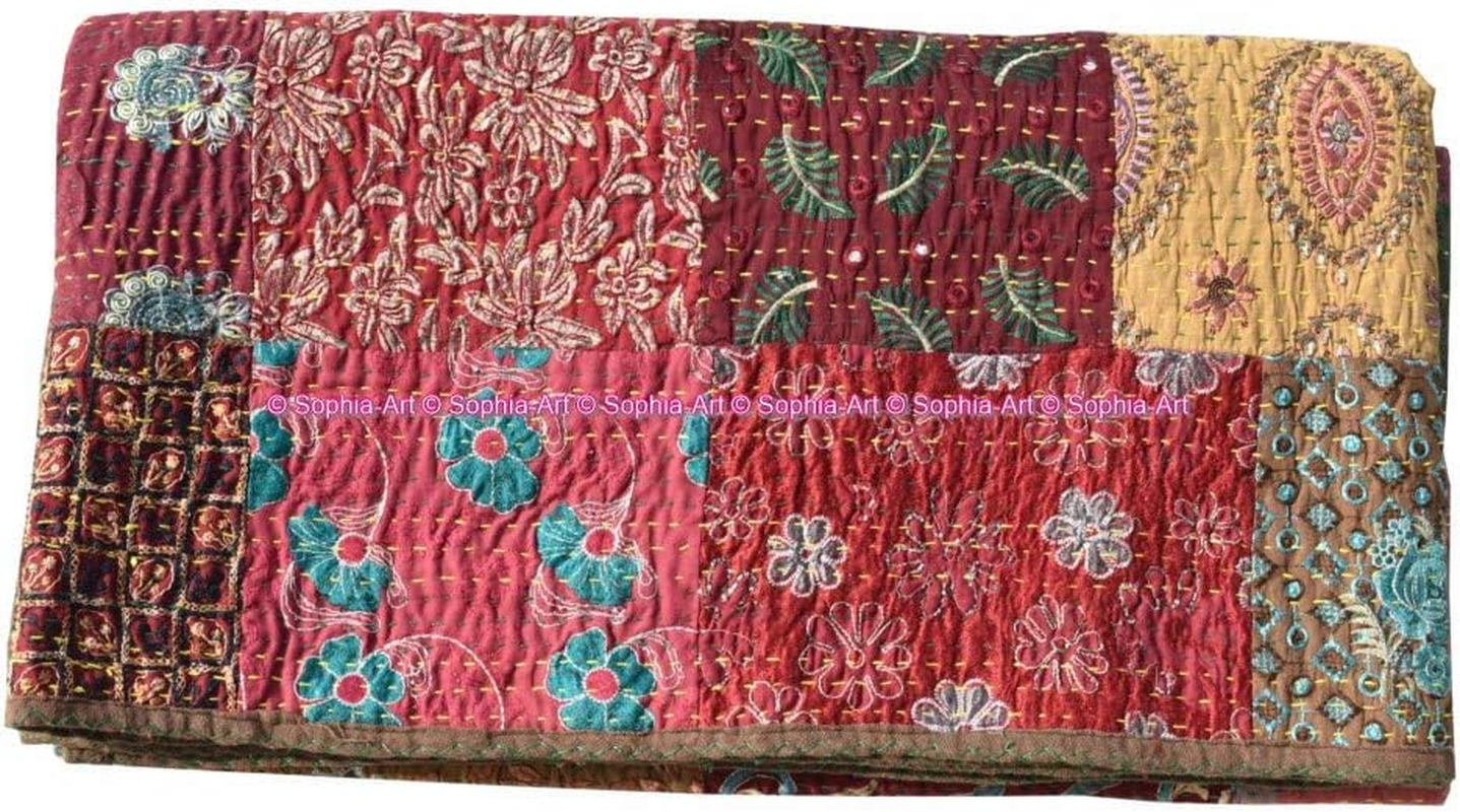 Handmade Vintage Khambadiya Print Hand Jari Patchwork King/Twin Size Embroidery Kantha Quilt Home Decorative Kantha Bedspread Indian Blanket Coverlet Art image number 4