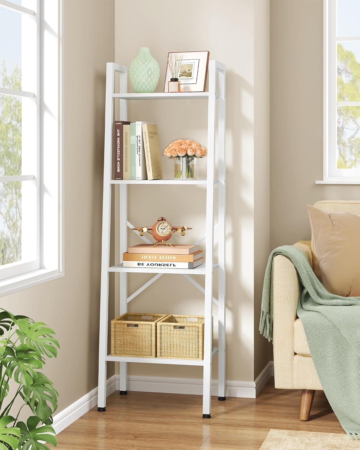 Hoctieon 5-Tier Industrial Ladder Bookshelf, Narrow Ladder Shelf, Tall Standing Bookshelf, Skinny Open Ladder Shelf, for Living Room, Home Office, Kitchen, Bedroom, Metal Frame, Rustic Brown