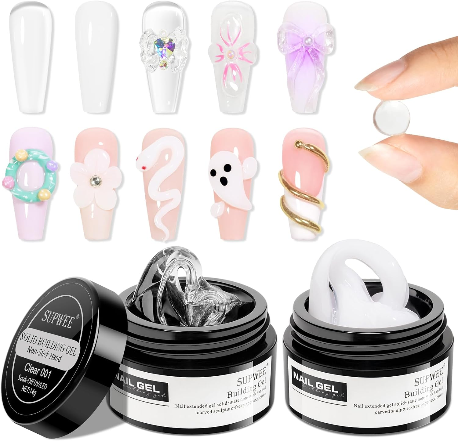 SUPWEE Solid Builder Gel 2PCS Clear & White 3D Nail Art Gel Kit with 36PCS Nail Forms for Sculpting Carving Modeling and Extension Soak off U V Home Diy Manicure image number 2
