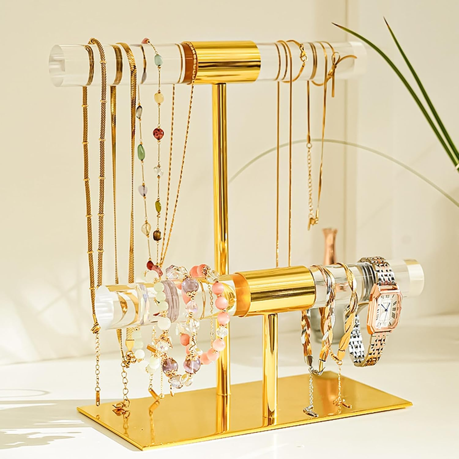 UPAUS Display Stand Acrylic Jewelry Towers, 2-Tier Gold Stainless Steel Jewelry Display Stand, Crystal T Bar Jewelry Organizer, Long Necklaces Stand Holder, Home Decor for Store Boutique Vendors image number 6