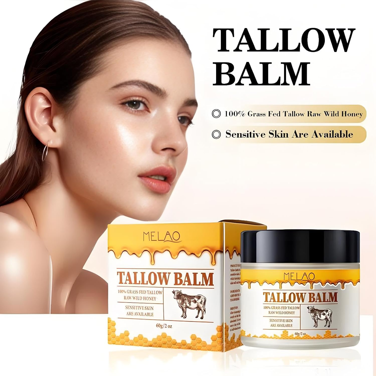 Beef Tallow and Honey Balm for Skin: Grass Fed Whipped Beef Tallow with Honey Face Body Moisturizer - Tallow Cream Infused with Manuka Honey Beeswax Olive Oil image number 1