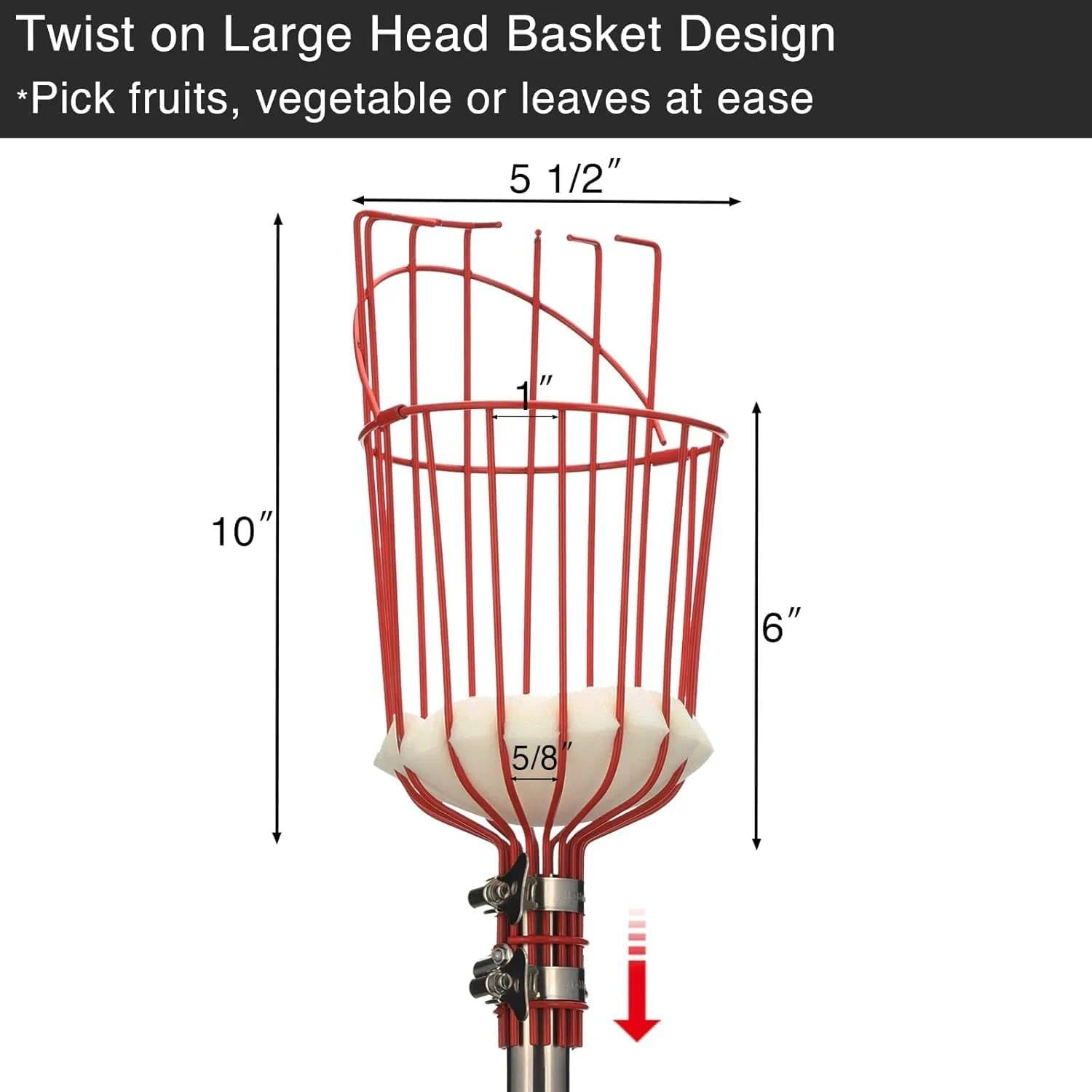 Fruit Picker Pole with Adjustable Length and Harvesting Basket for High Branches, Apple Picker, Mango Picker, Garden Harvesting Tool with 360 Rotating Head - Tisuff