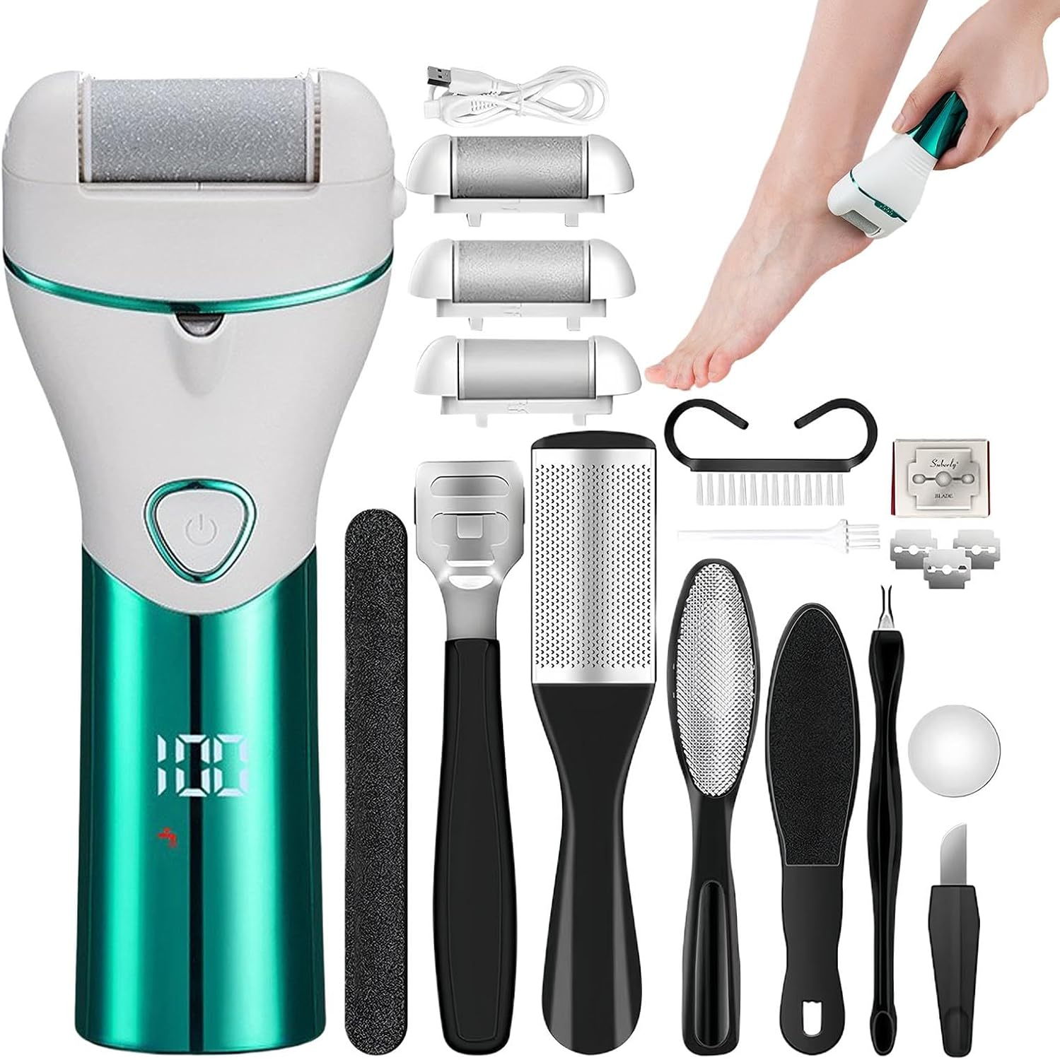 Electric Callus Remover - Rechargeable Dead Skin Remover,Electric Foot Care Kit with 3 Grinding Heads for Hard Cracked Dry Dead Skin
