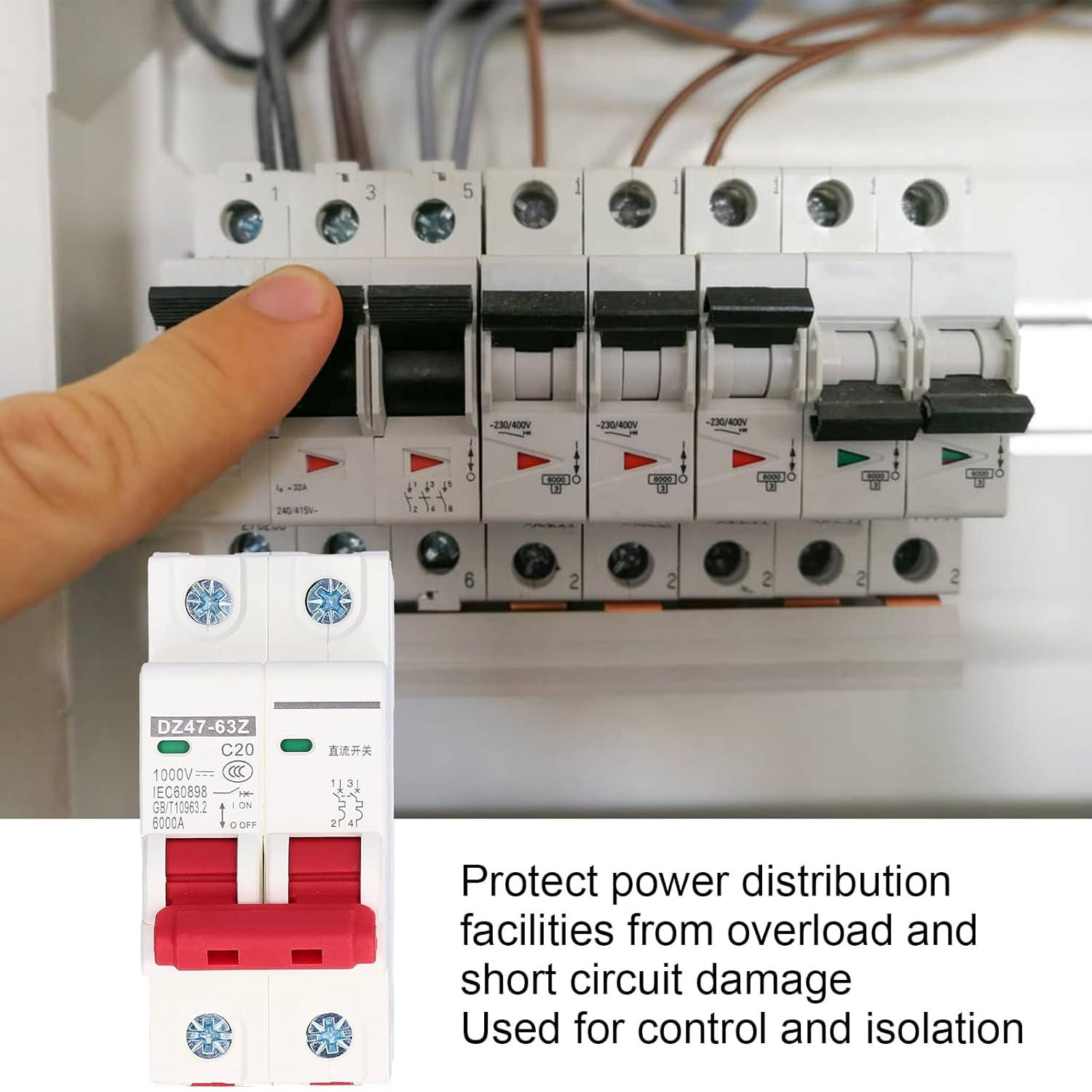 DC Miniature Circuit Breaker, Din Rail Mount Disconnect Switch Low Voltage Breaker Protector Thermal Magnetic Trip 2 Pole 1000V 20 Amp Isolator Suitable for Solar Panels Grid System