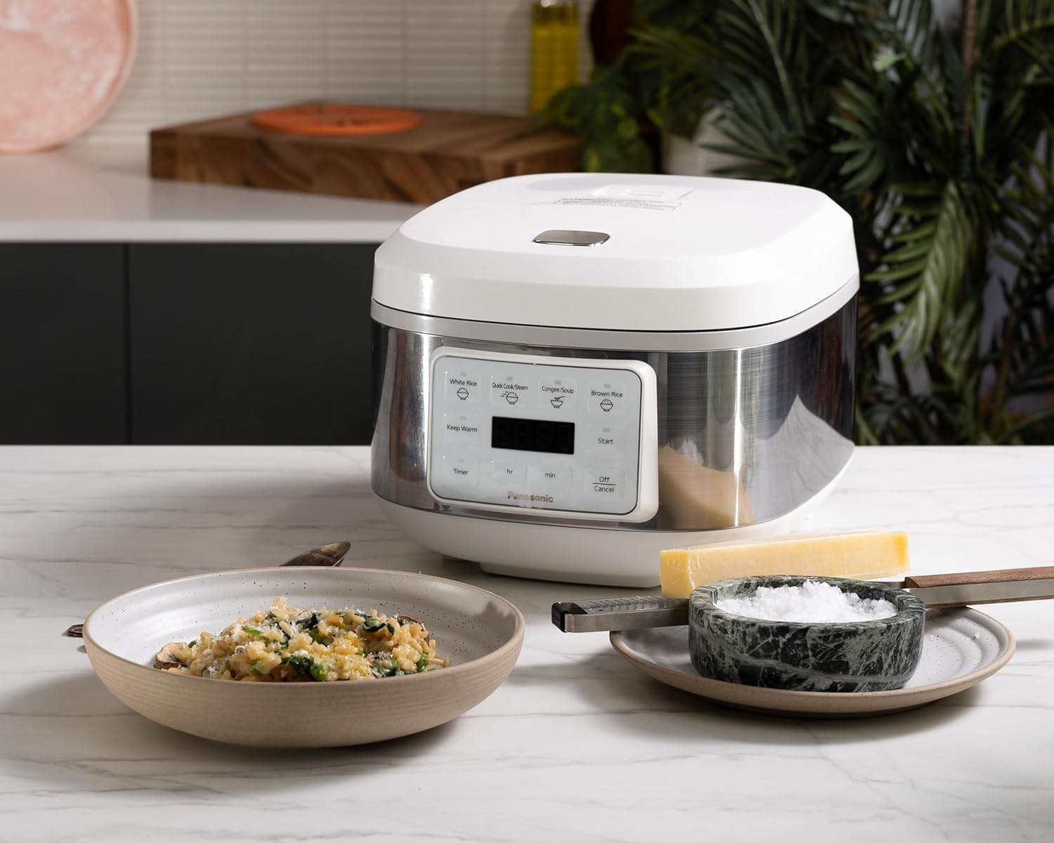 Panasonic Rice Cooker 8 Cup, LED Display, Touch Control, Non-Stick Pot, Quick Cook, Keep Warm, 4 Auto Menus, Delay Timer, Includes Measuring Cup, Rice Scoop, Steam Basket, White (SR-DA152WST)