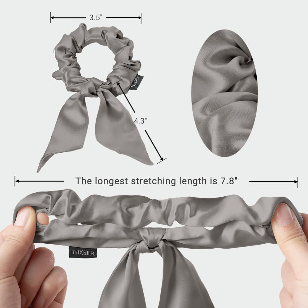 THXSILK Hair Silk Scrunchies with Bow for Women Pure Mulberry Silk Hair Cute Kitsch Scrunchies for Girls Women'S Thick Hair Grey - 5Pcs Warm Color image number 7