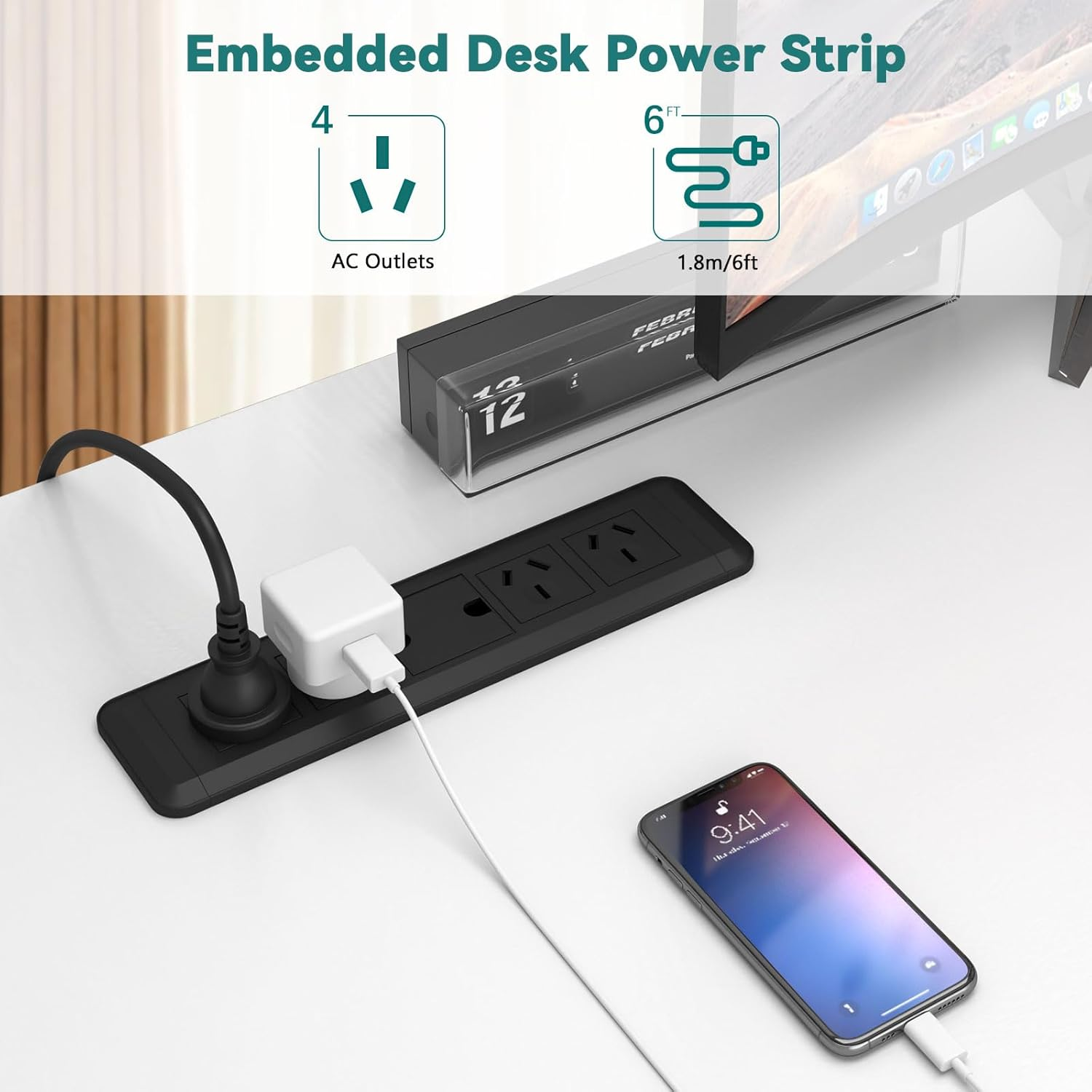 Embedded Desk Power Strip, Flush Mount Extension Cord Flush Outlet Extension Cord with Cable Access Hole, 2500W AU Plug Furniture Power Strip for Conference Table, Office Workstation, 1.8M