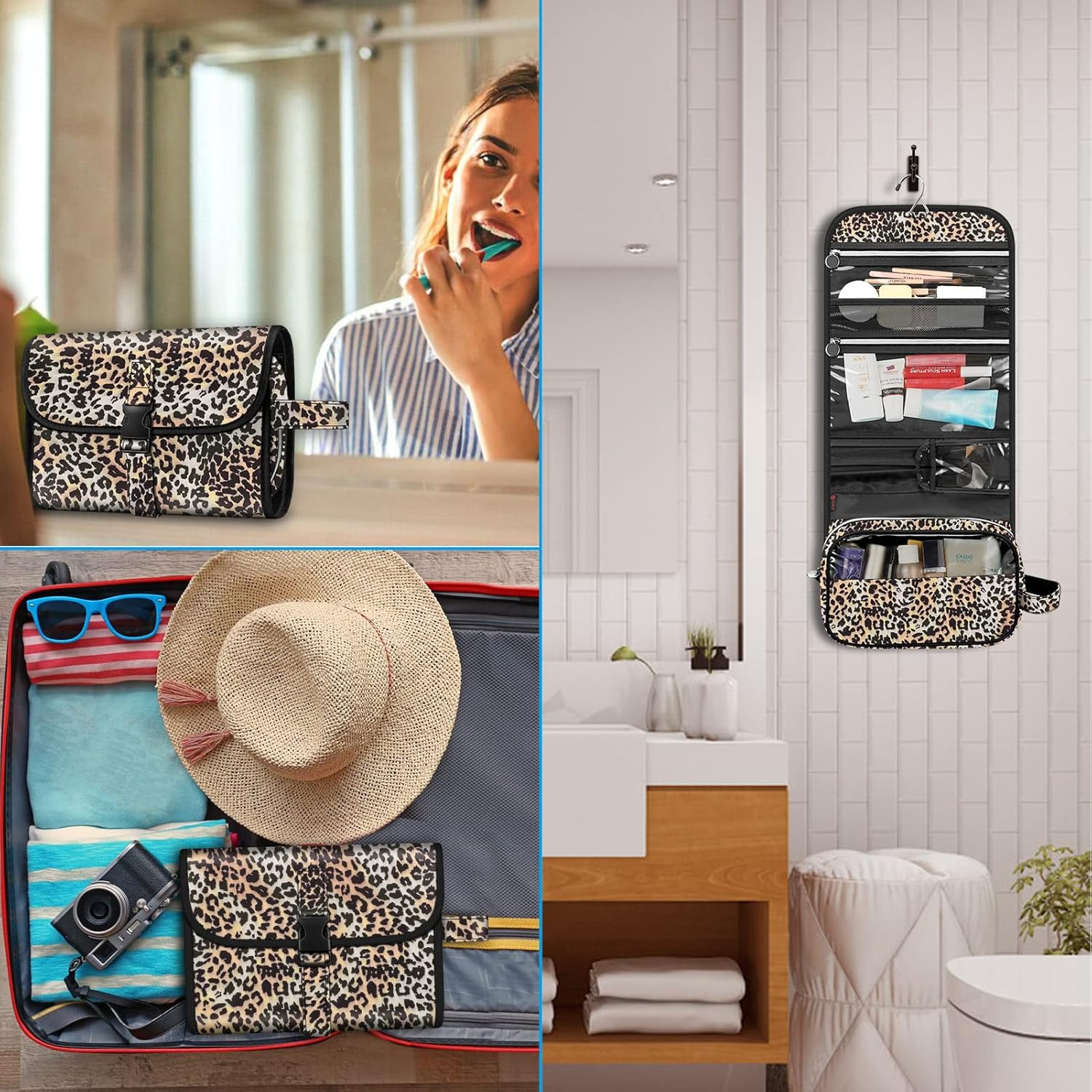 Fintie Portable Toiletry Cosmetic Travel Bag, Large Water Resistant Hanging Makeup Organizer Storage Pouch Case for Women Girls, Leopard, Toiletry Bag - Leopard image number 6